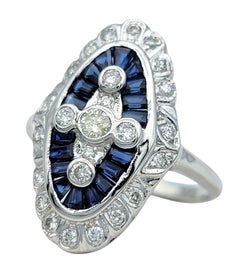 Vintage Baguette Blue Sapphire & Round Diamond Navette Ring 18 Karat White Gold