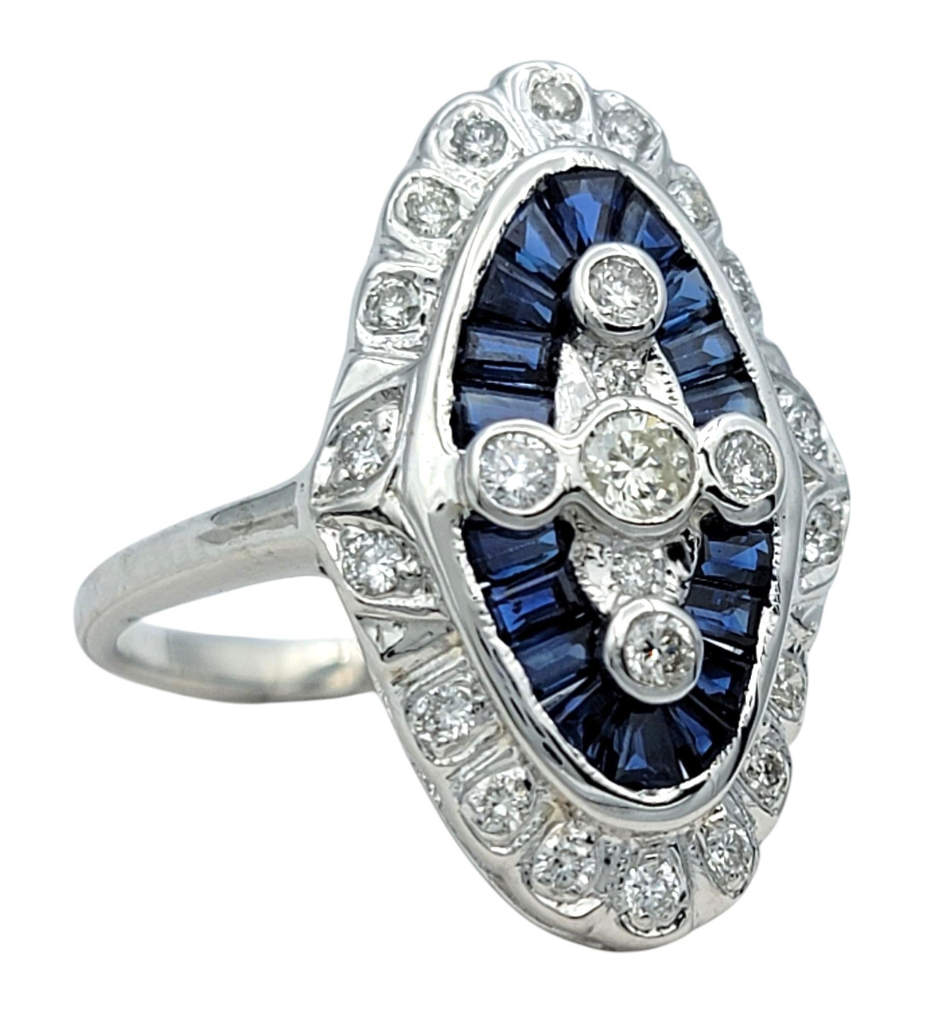 Contemporary Vintage Baguette Sapphire and Round Diamond Navette Ring in 18 Karat White Gold For Sale