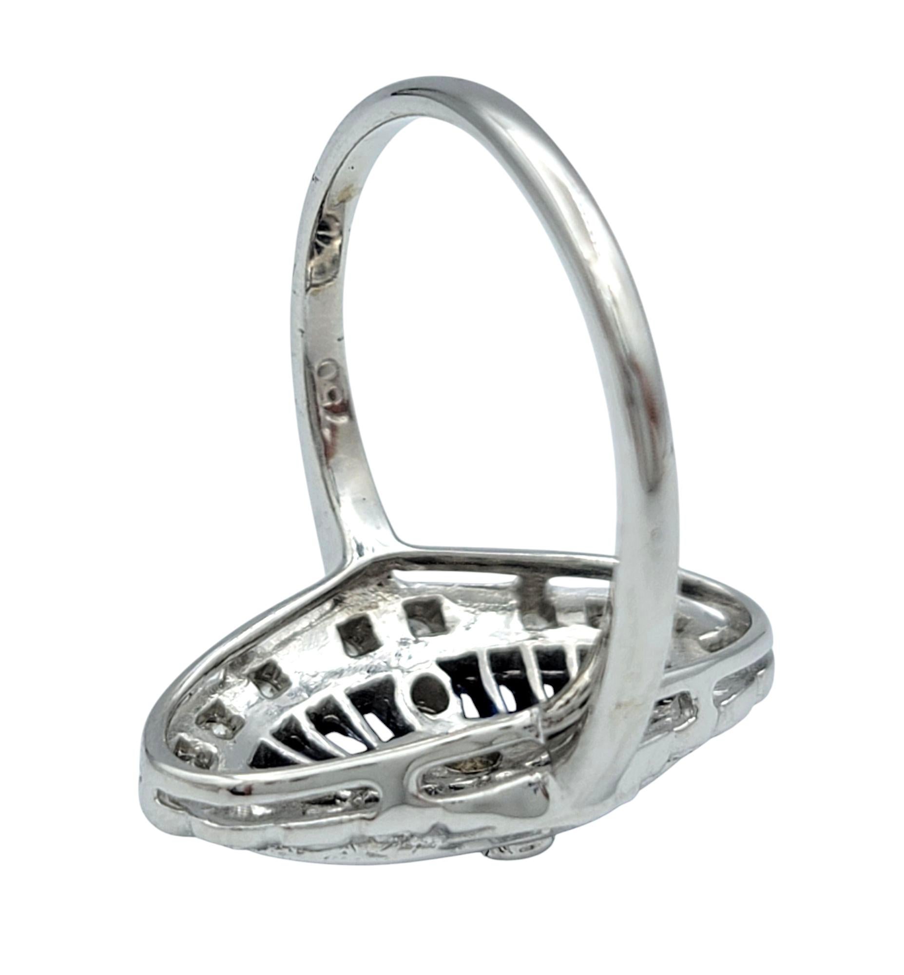Baguette Cut Vintage Baguette Sapphire and Round Diamond Navette Ring in 18 Karat White Gold For Sale