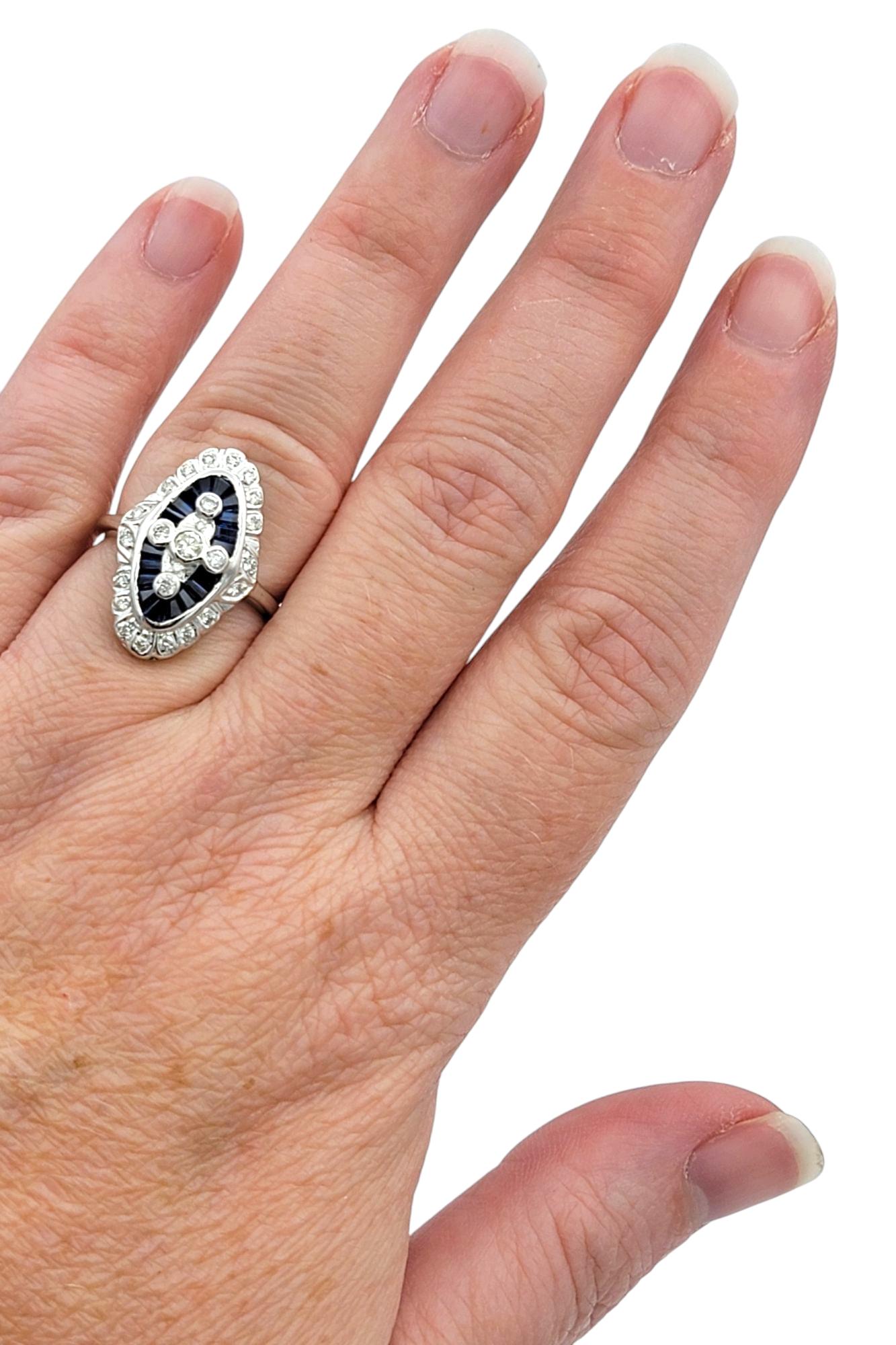 Women's Vintage Baguette Sapphire and Round Diamond Navette Ring in 18 Karat White Gold For Sale