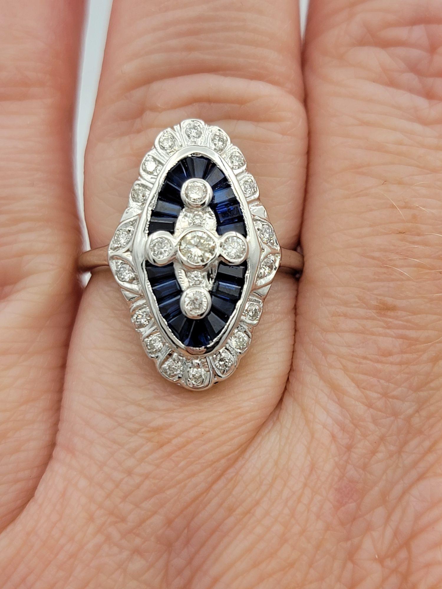 Vintage Baguette Sapphire and Round Diamond Navette Ring in 18 Karat White Gold For Sale 1