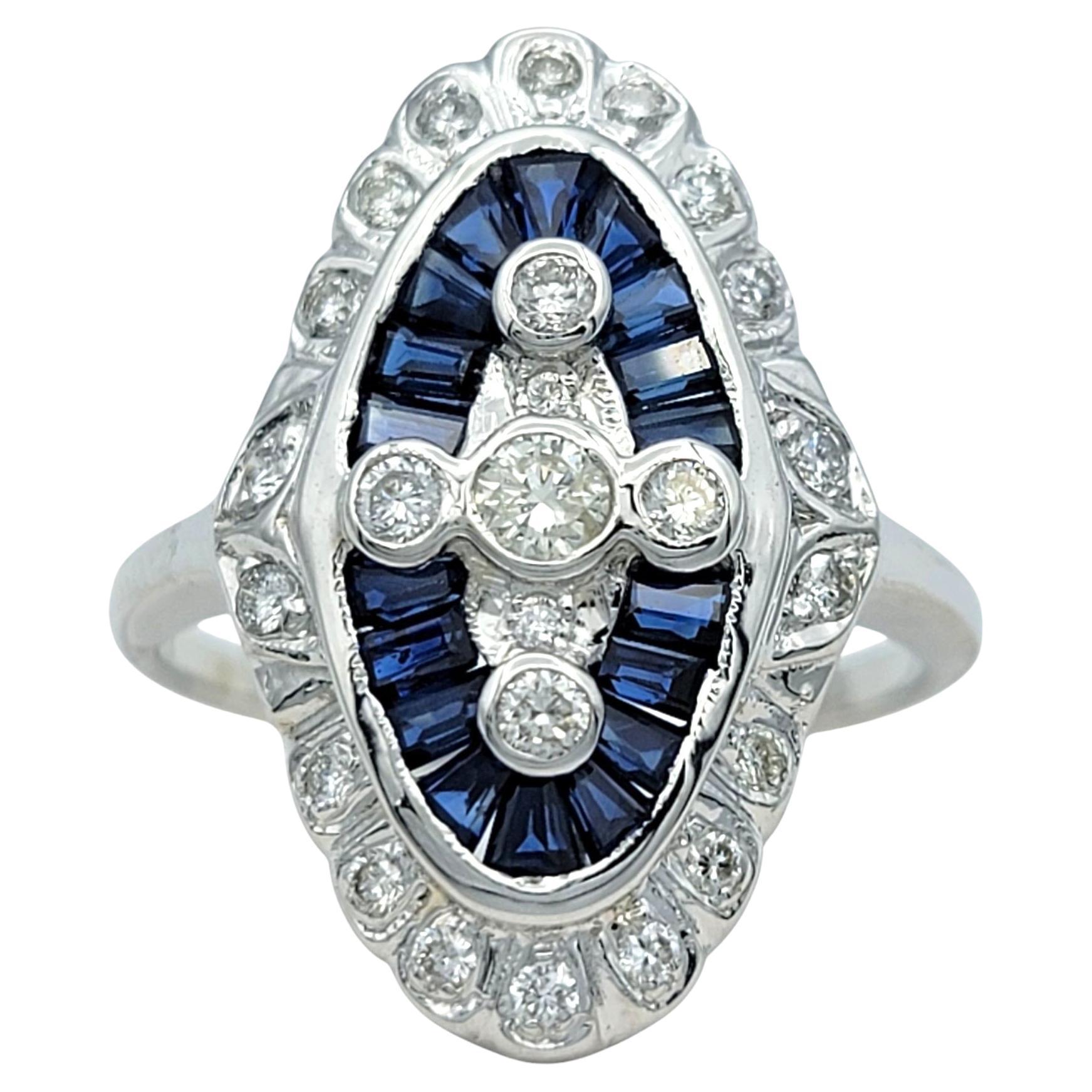 Vintage Baguette Sapphire and Round Diamond Navette Ring in 18 Karat White Gold For Sale
