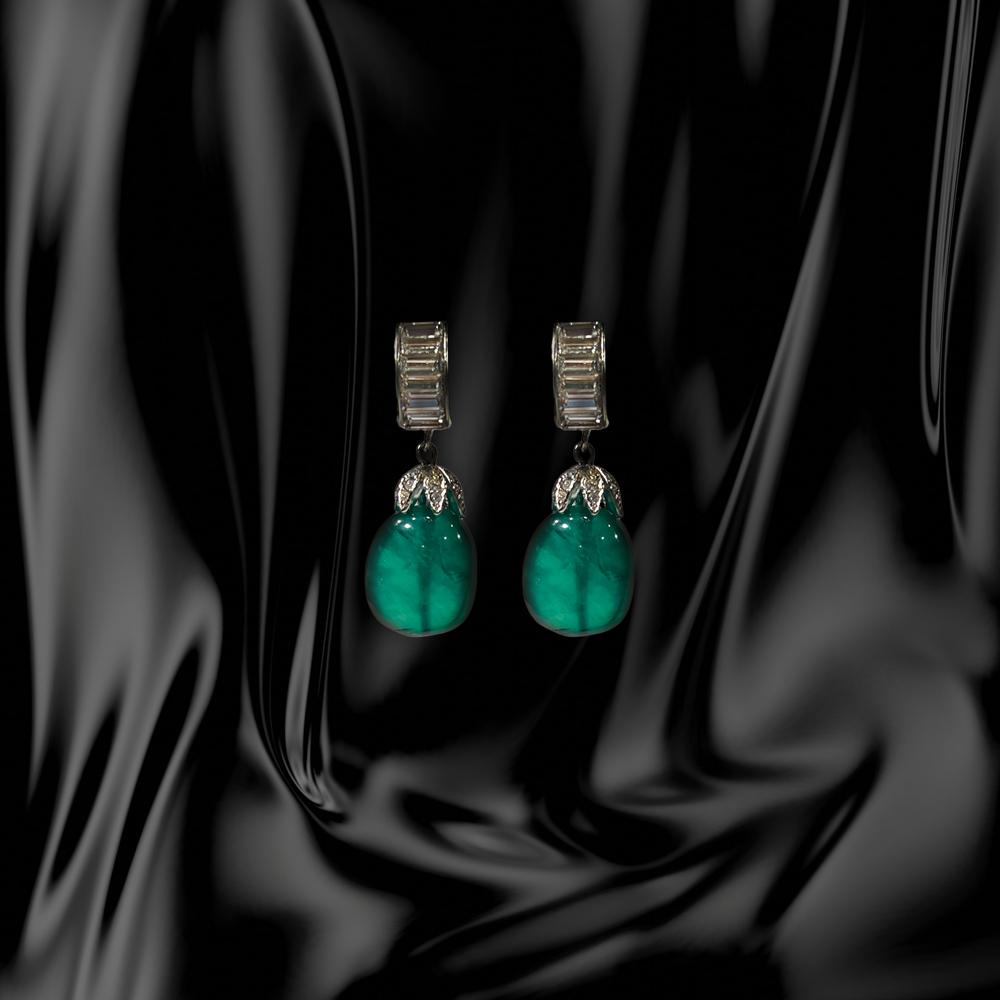 Art Deco Vintage Baguette Swarovski Diamanté Huggie Rhodium Paste Emerald Earclips