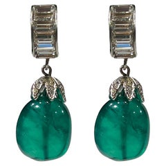 Vintage Baguette Swarovski Diamanté Huggie Rhodium Paste Emerald Earclips