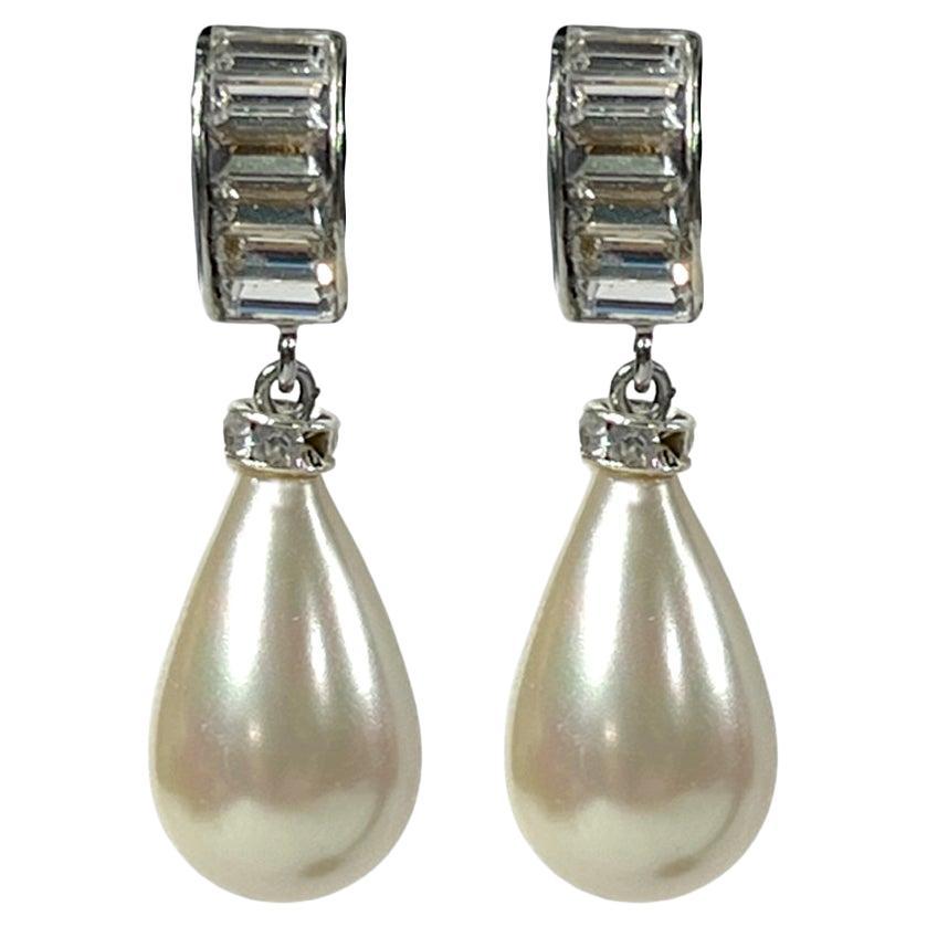 Vintage Baguette Swarovski Diamanté Huggie Rhodium Pearl Drop Earrings