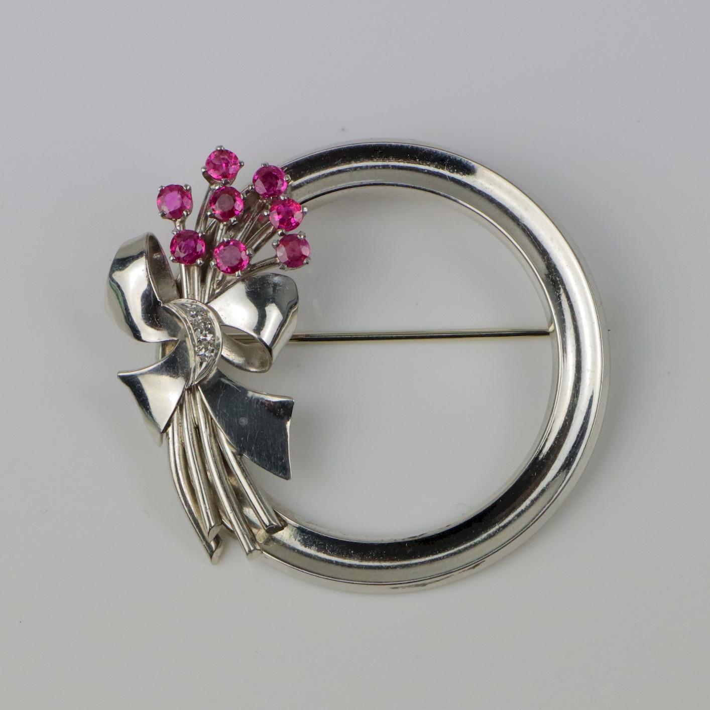Vintage Bailey Banks & Biddle Ruby Platinum Diamond Brooch 1