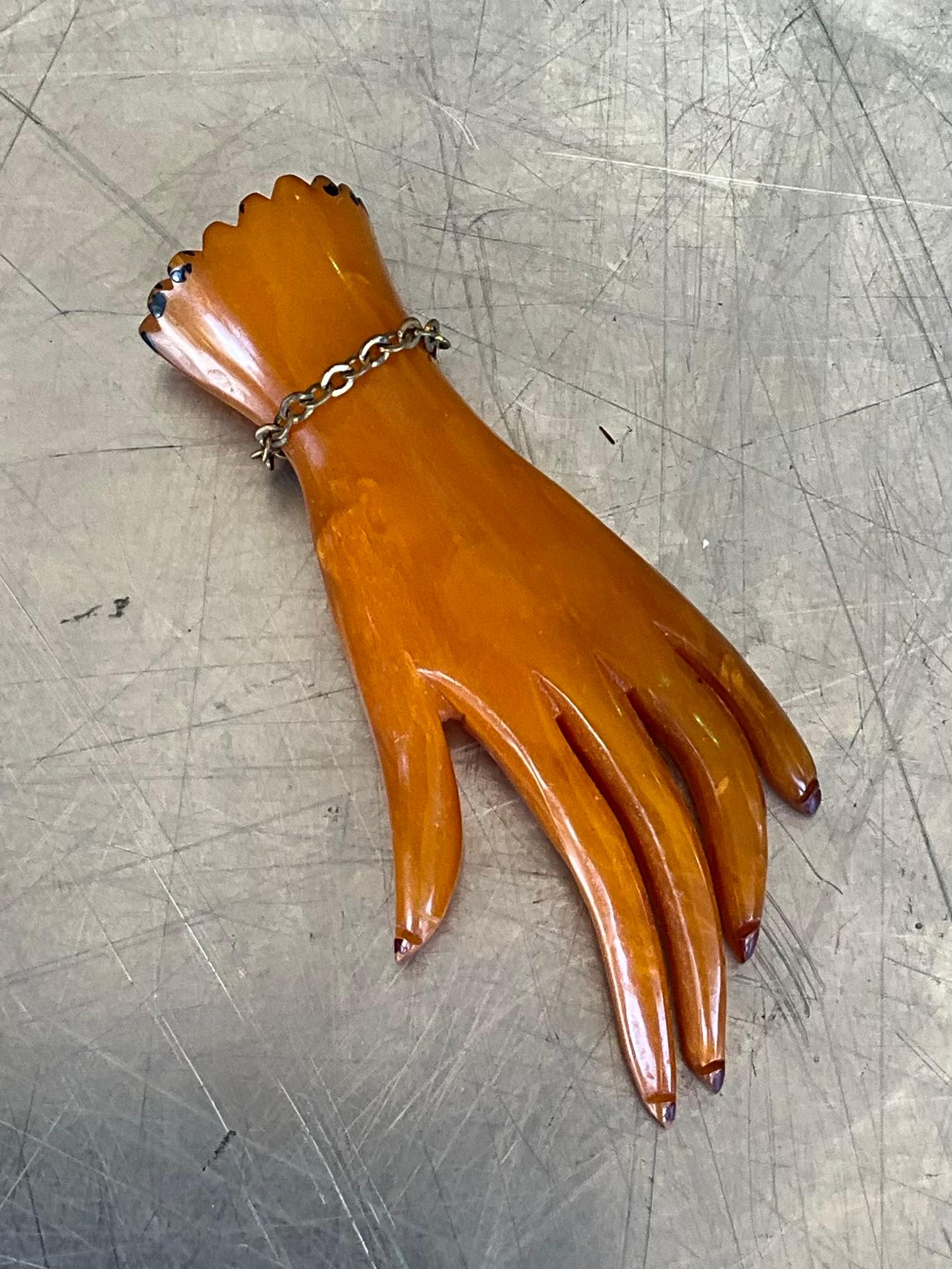 Vintage Bakelite Butterscotch Carved Hand Brooch For Sale 6