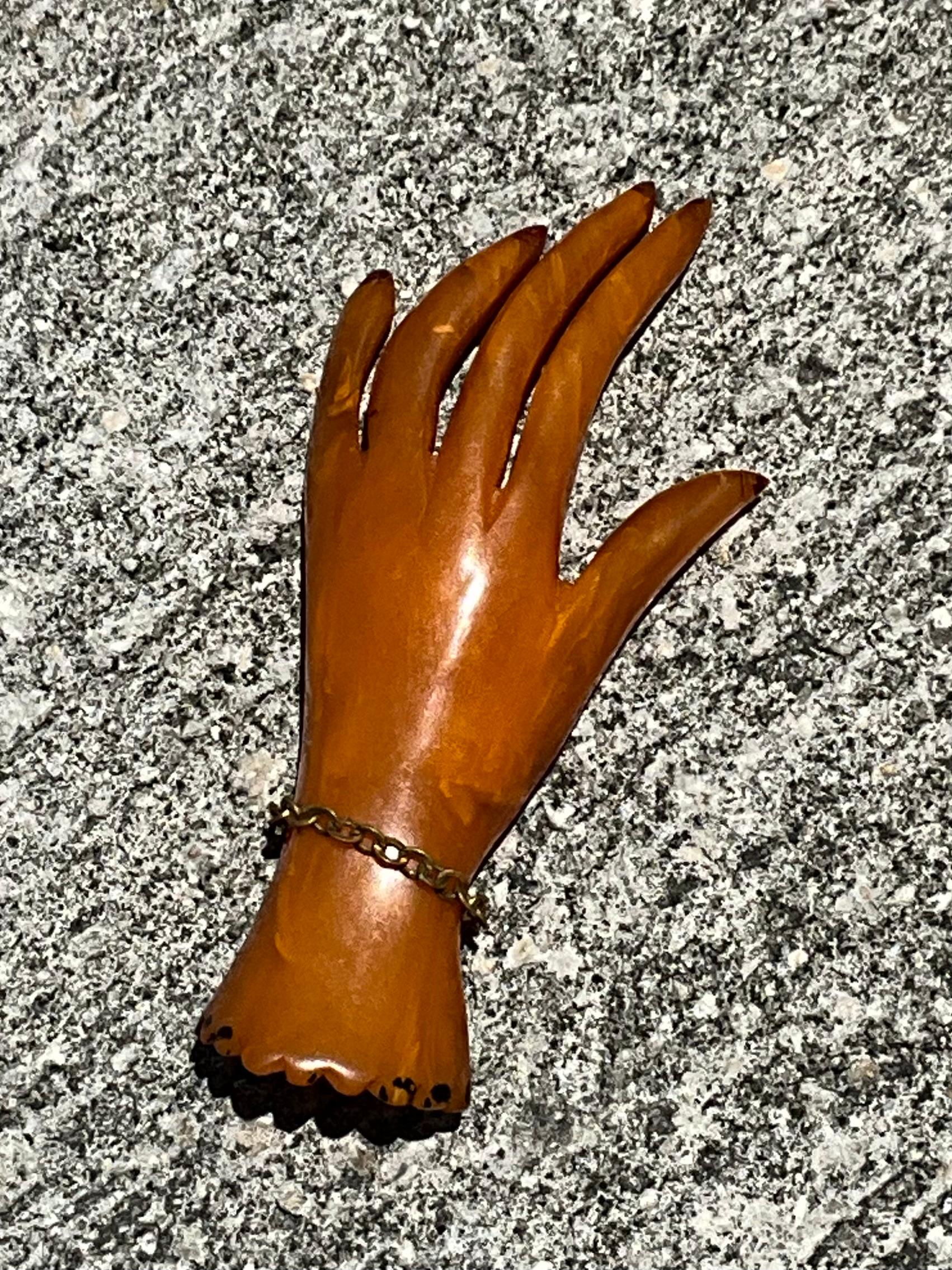 Vintage Bakelite Butterscotch Carved Hand Brooch For Sale 7
