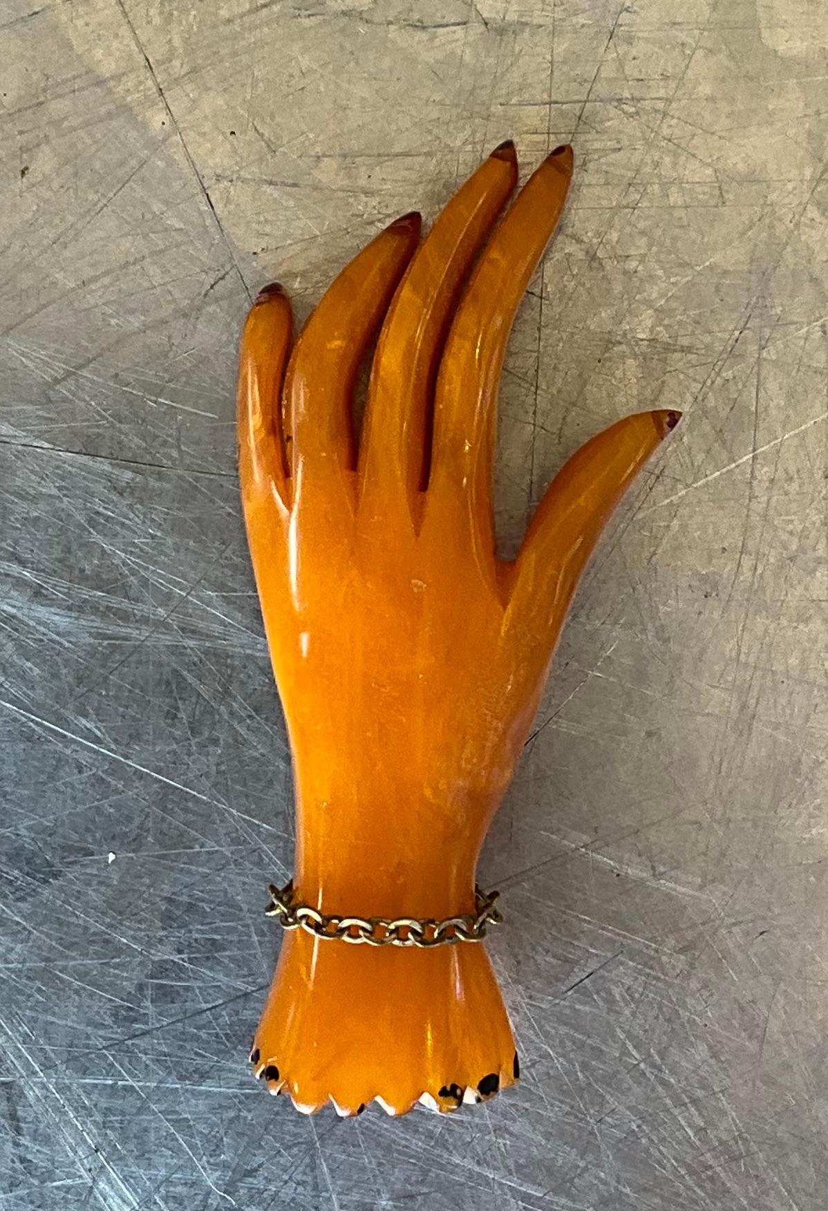 Vintage Bakelite Butterscotch Carved Hand Brooch For Sale 1