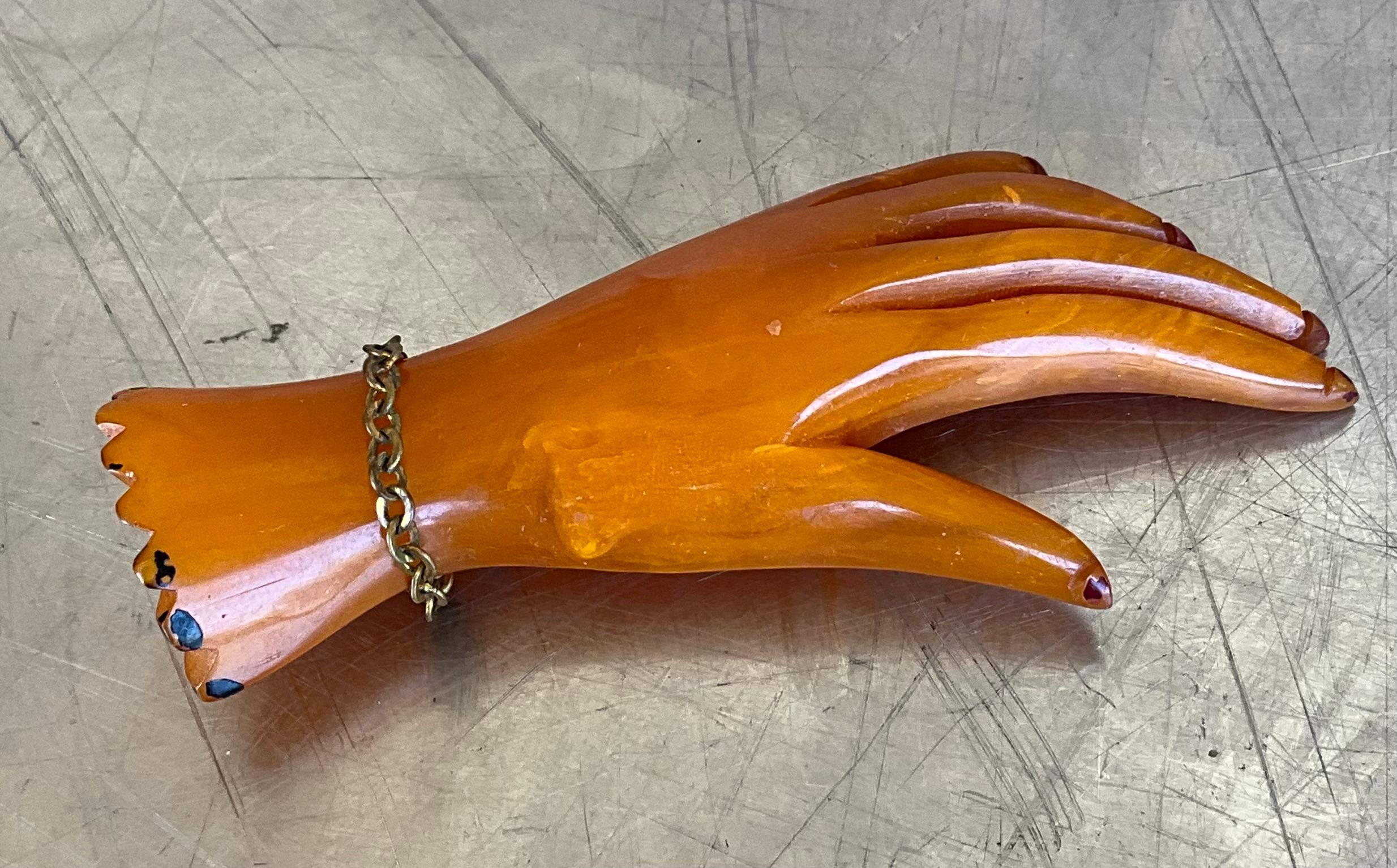 Vintage Bakelite Butterscotch Carved Hand Brooch For Sale 2