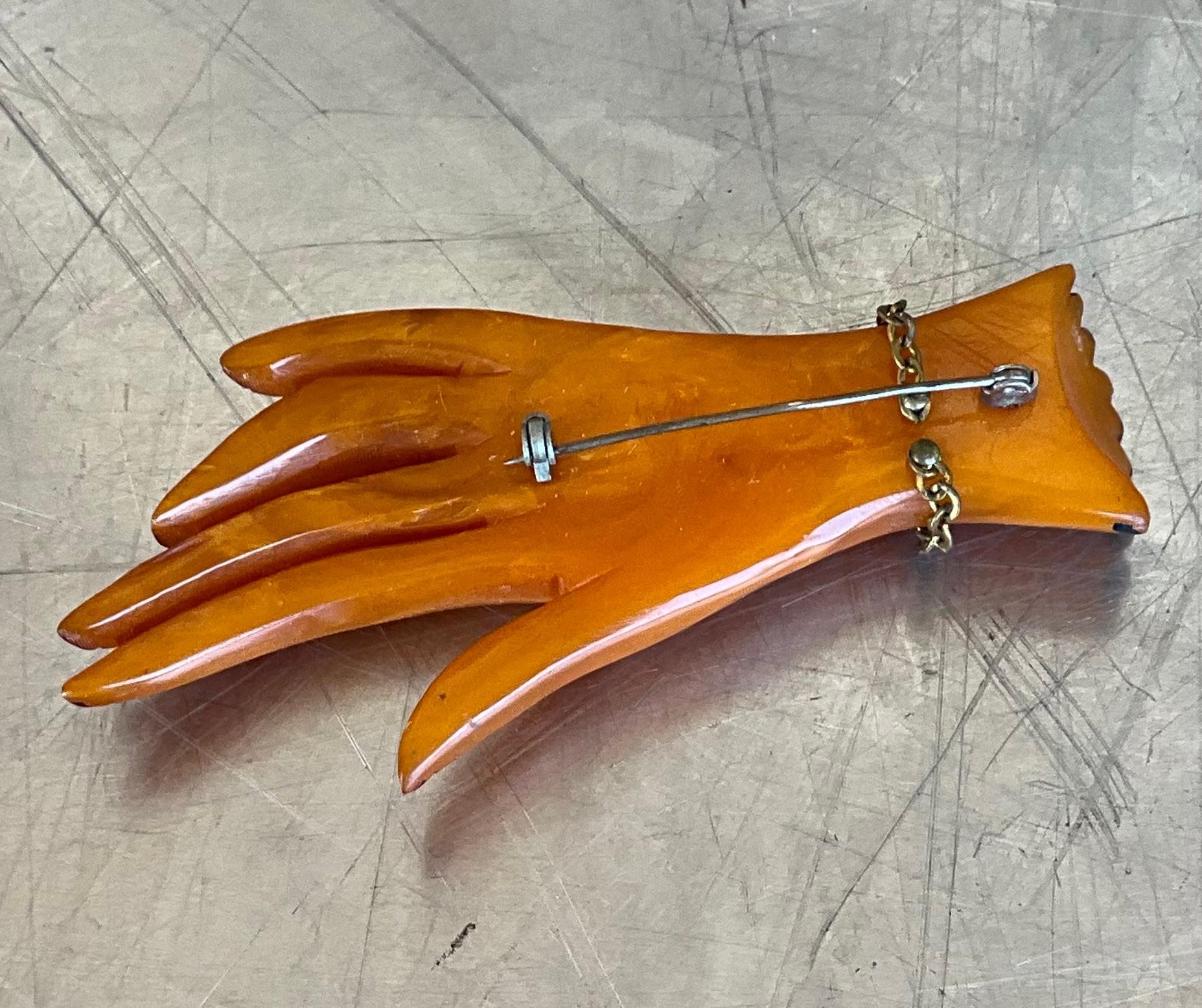 Vintage Bakelite Butterscotch Carved Hand Brooch For Sale 3