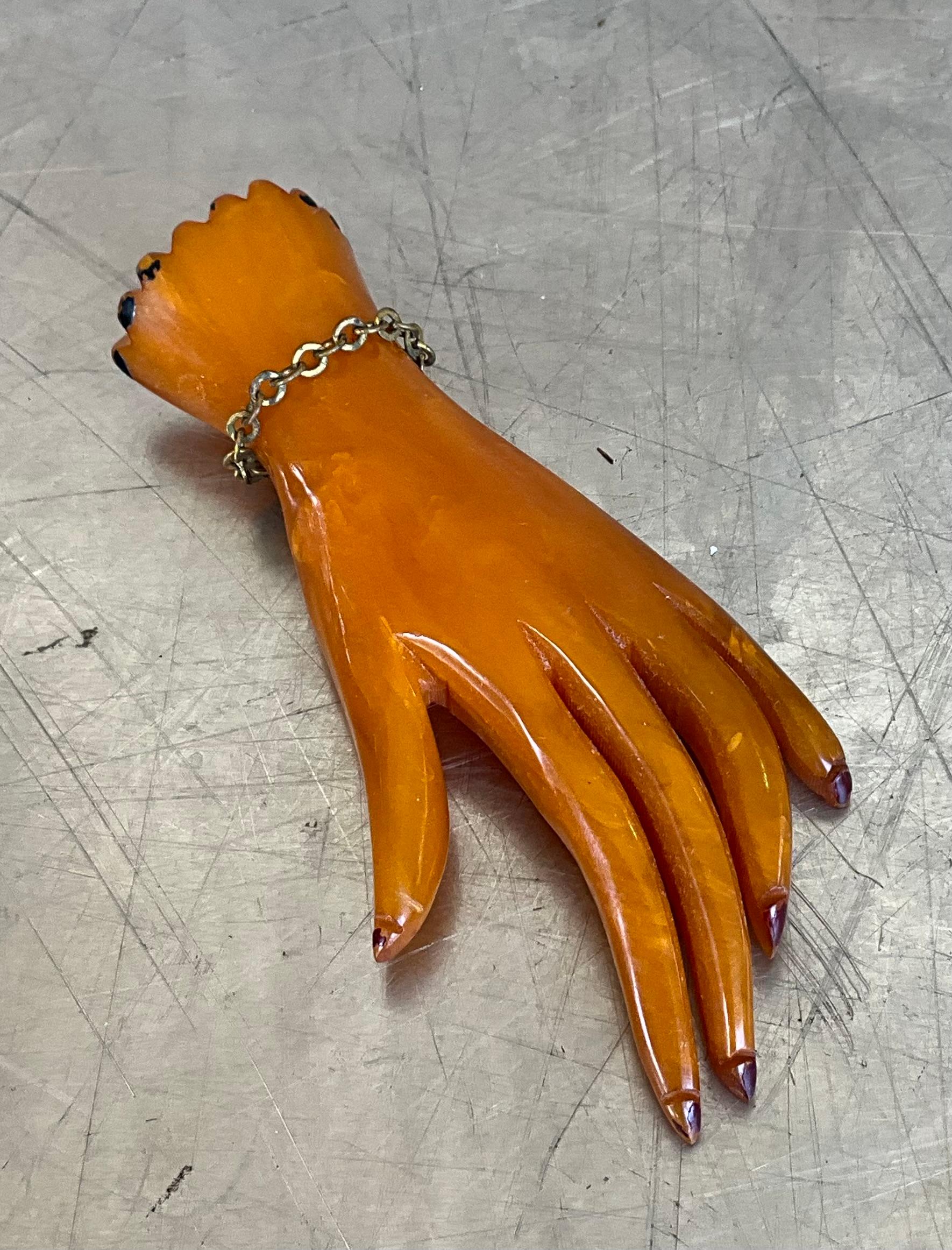 Vintage Bakelite Butterscotch Carved Hand Brooch For Sale 4