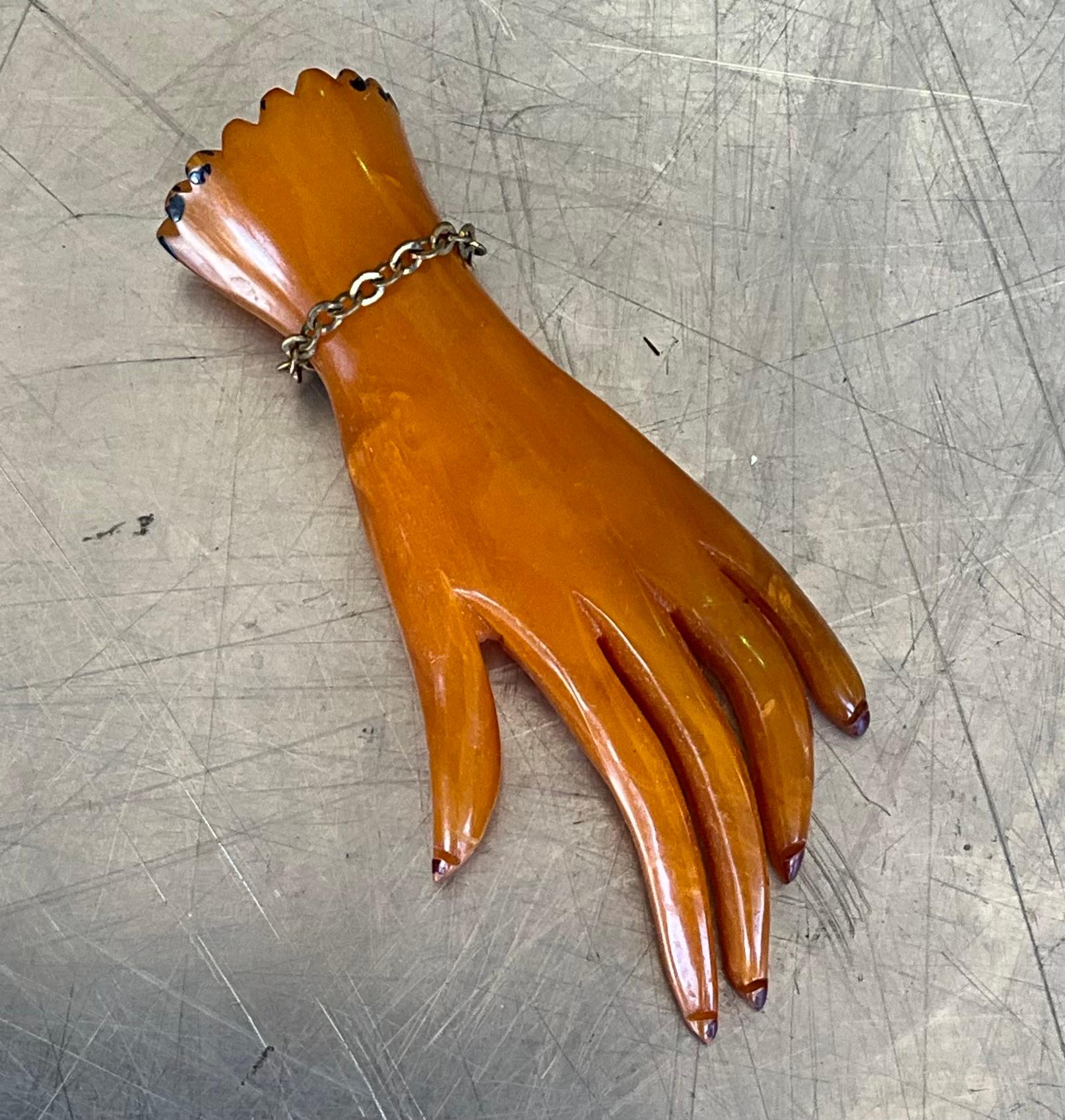 Vintage Bakelite Butterscotch Carved Hand Brooch For Sale 5
