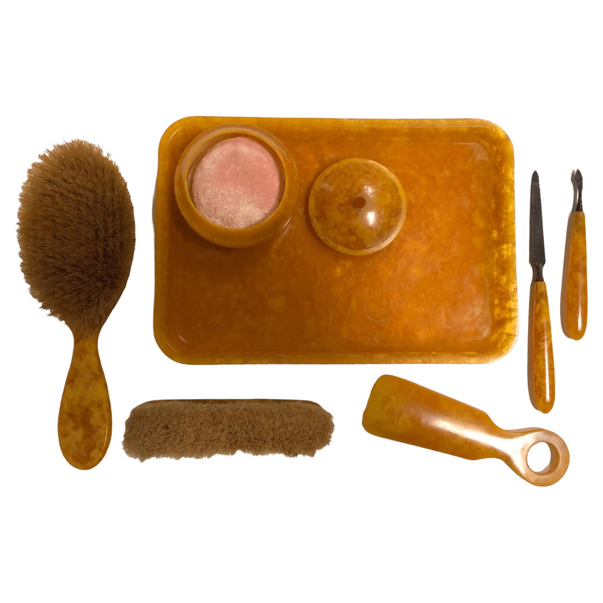 Vintage Bakelite Vanity Set W/ Tray, Brushes, Powder Box, & Shoehorn