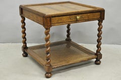 Mesita auxiliar cuadrada con lámpara, estilo vintage Baker, con incrustaciones de parqué de roble y madera de nudo