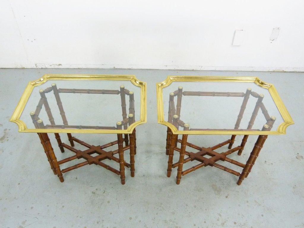 Mid-Century Modern Vintage Baker Brass Glass Tray Bamboo Base Side/Tray Tables, Pair