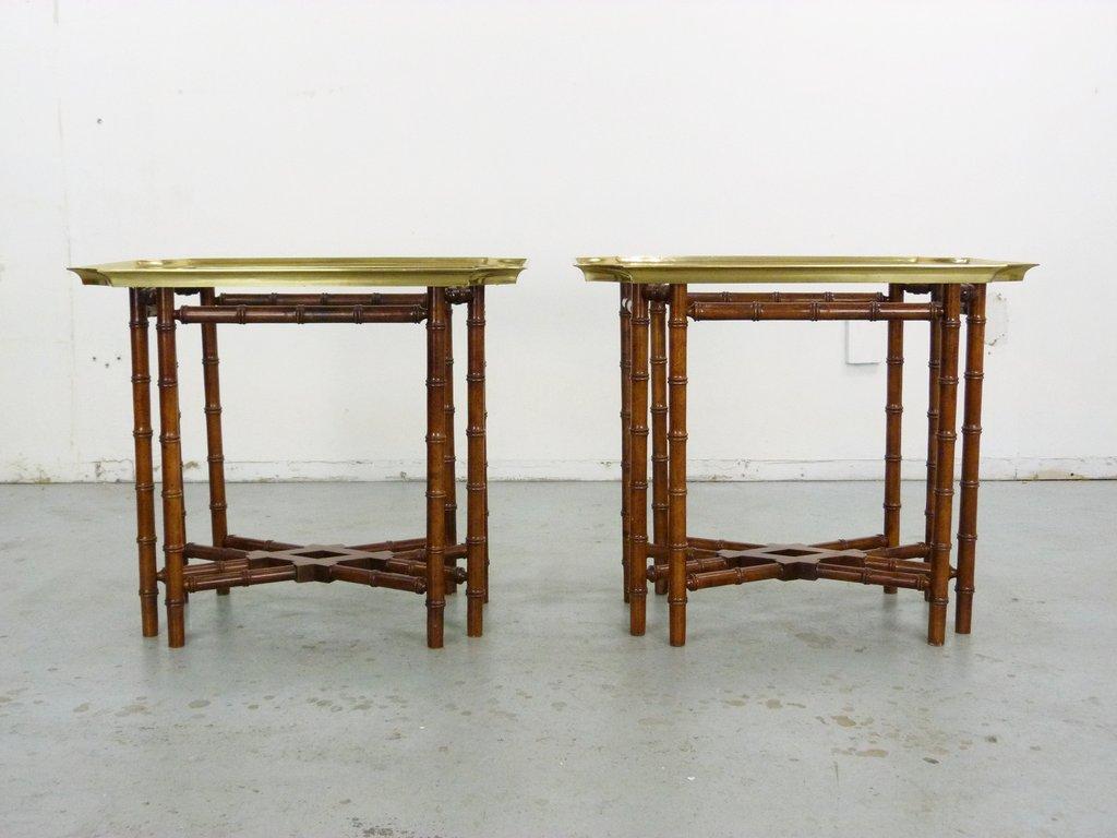 American Vintage Baker Brass Glass Tray Bamboo Base Side/Tray Tables, Pair
