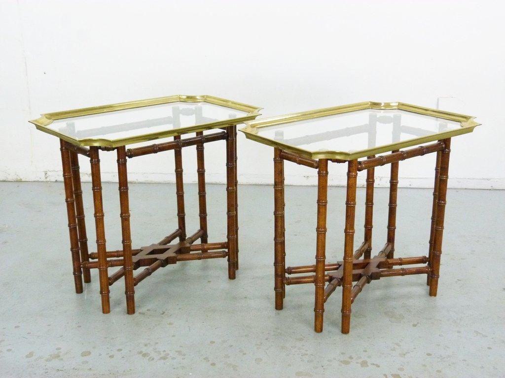 Vintage Baker Brass Glass Tray Bamboo Base Side/Tray Tables, Pair In Good Condition In Dallas, TX