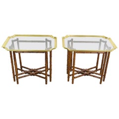 Vintage Baker Brass Glass Tray Bamboo Base Side/Tray Tables, Pair