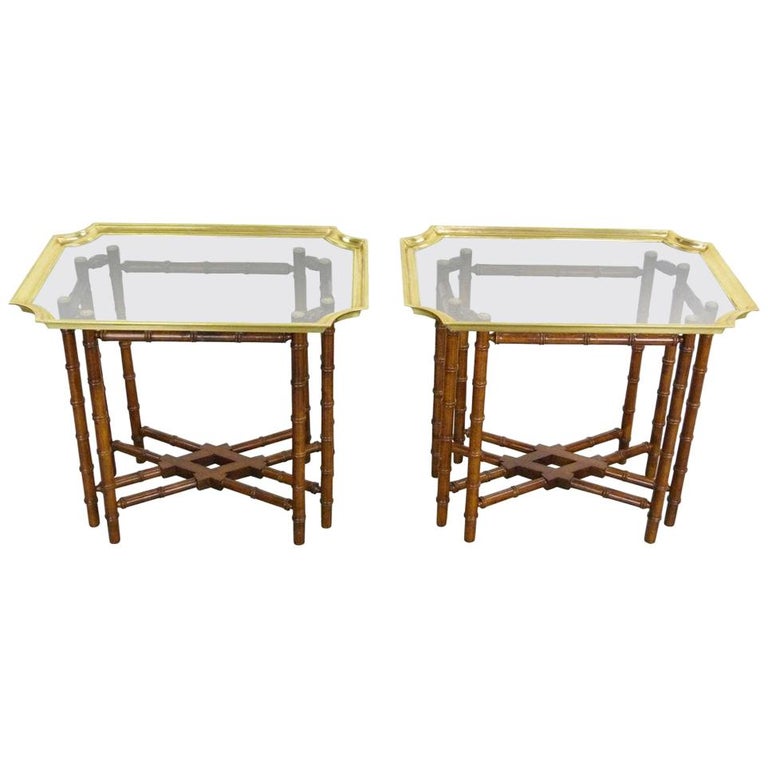 Vintage Baker Brass Glass Tray Bamboo Base Side/Tray Tables, Pair For ...