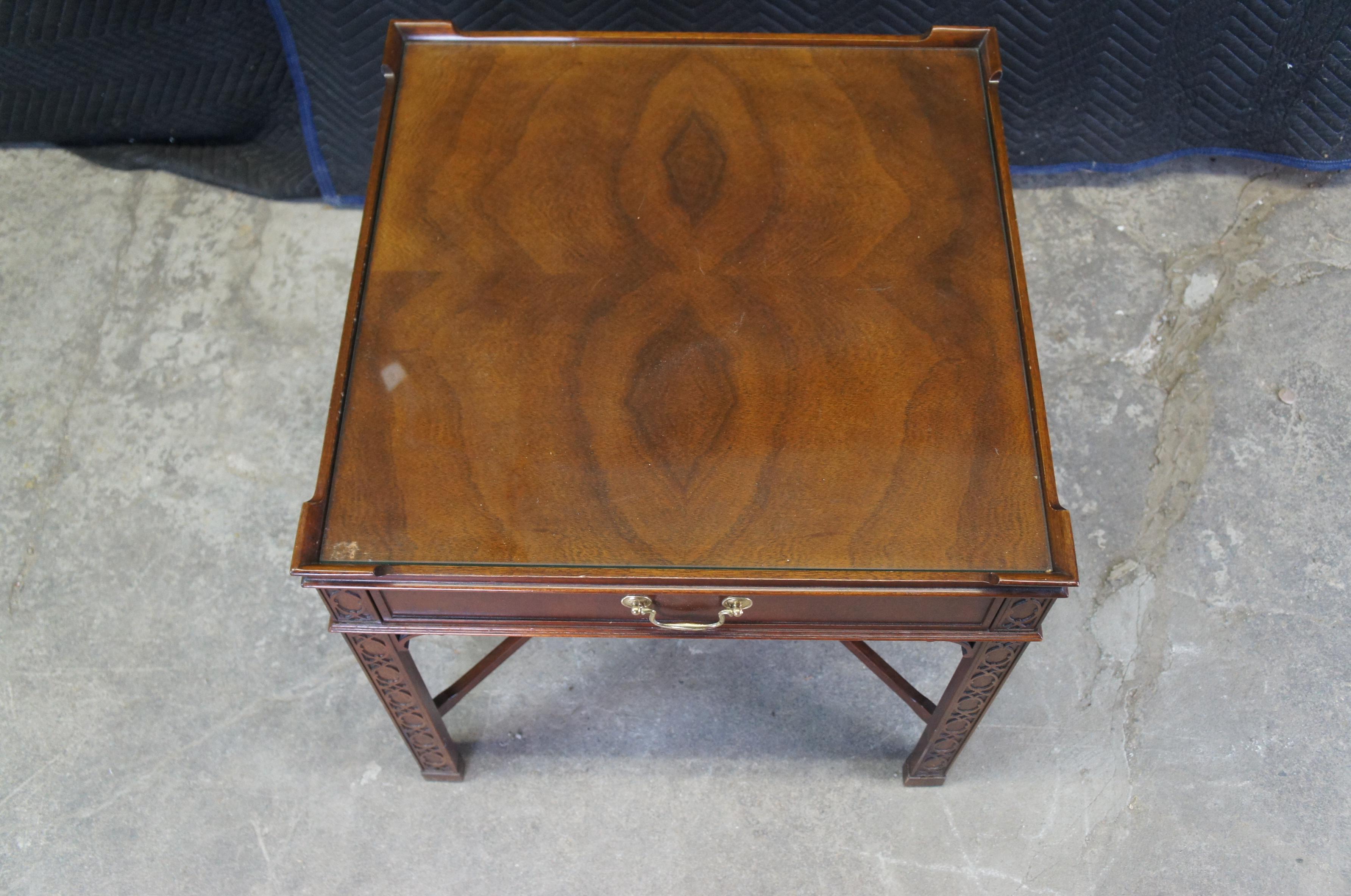 20th Century Vintage Baker Chinese Chippendale Mahogany Carved Square End Table Glass Top 26