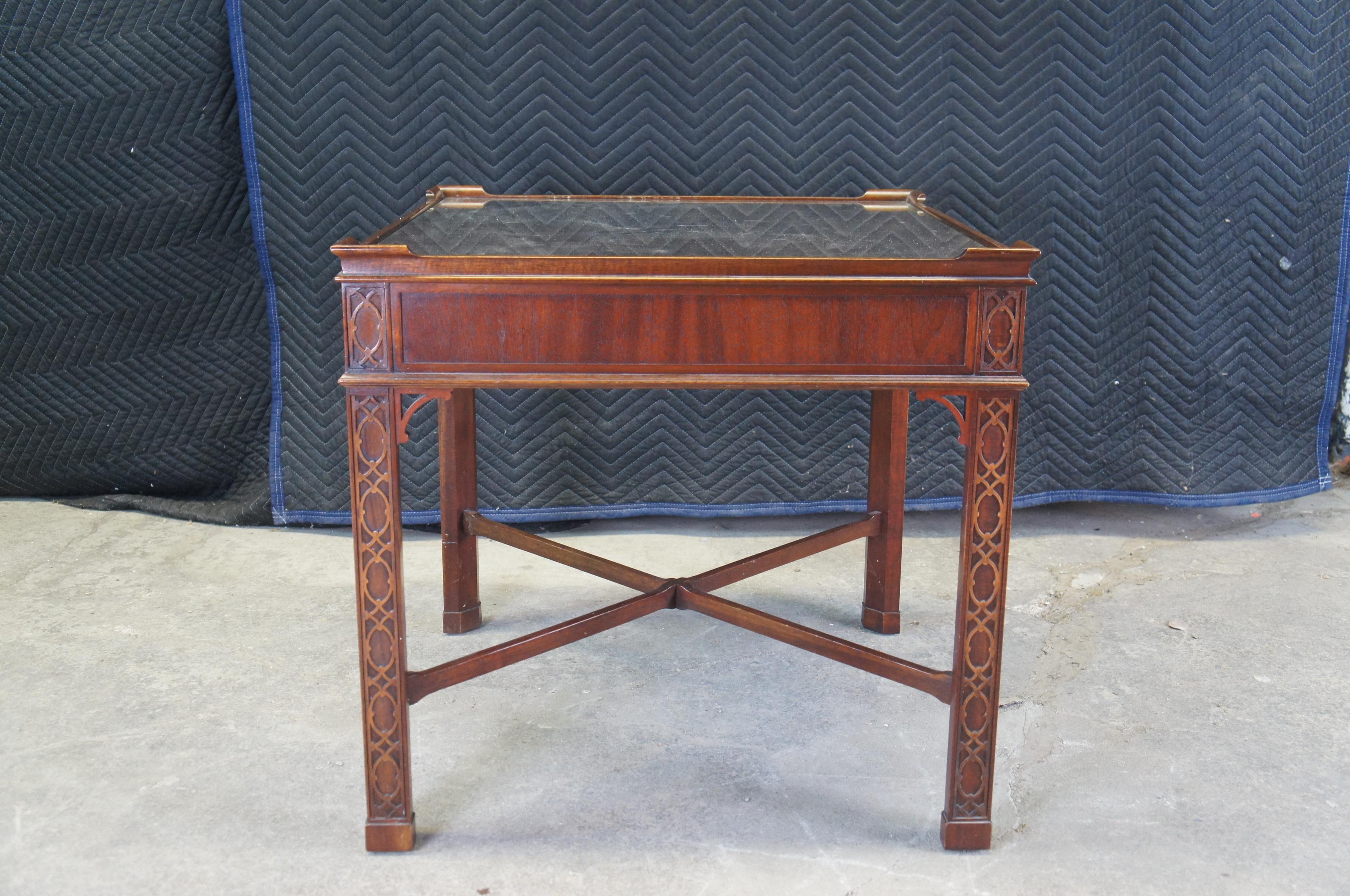 Vintage Baker Chinese Chippendale Mahogany Carved Square End Table Glass Top 26