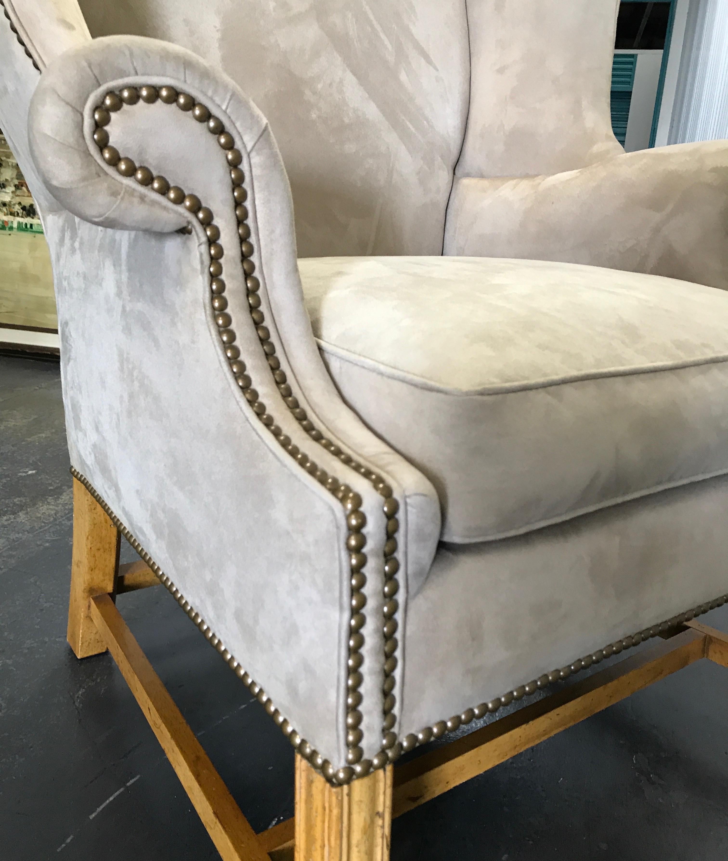 Ultrasuede Vintage Baker Chippendale Style Wing Chair
