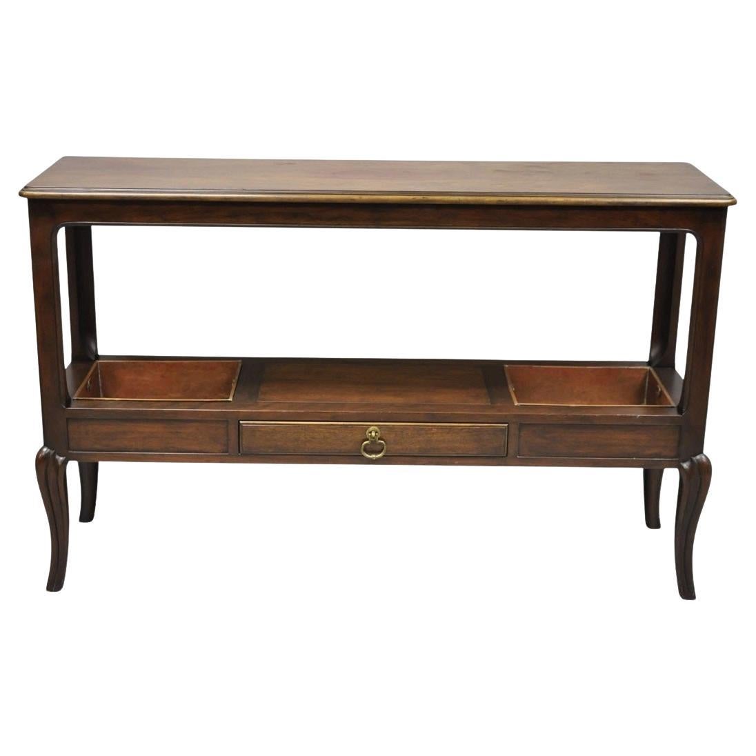 Vintage Baker Dark Cherry Wood Narrow French Console Hall Table w Copper Inserts