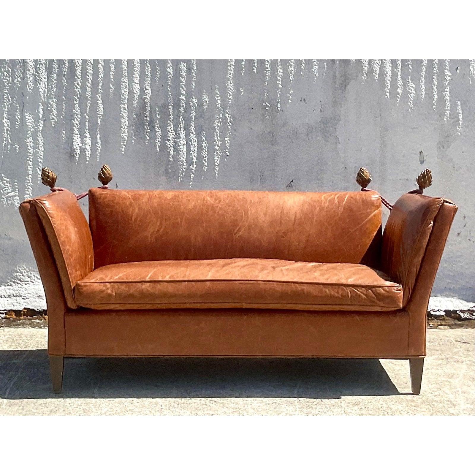 Vintage Baker Distressed Leather Knole Loveseat In Good Condition In west palm beach, FL