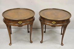Vintage Baker English Queen Anne Style Burl Walnut Round Lamp End Tables - Pair