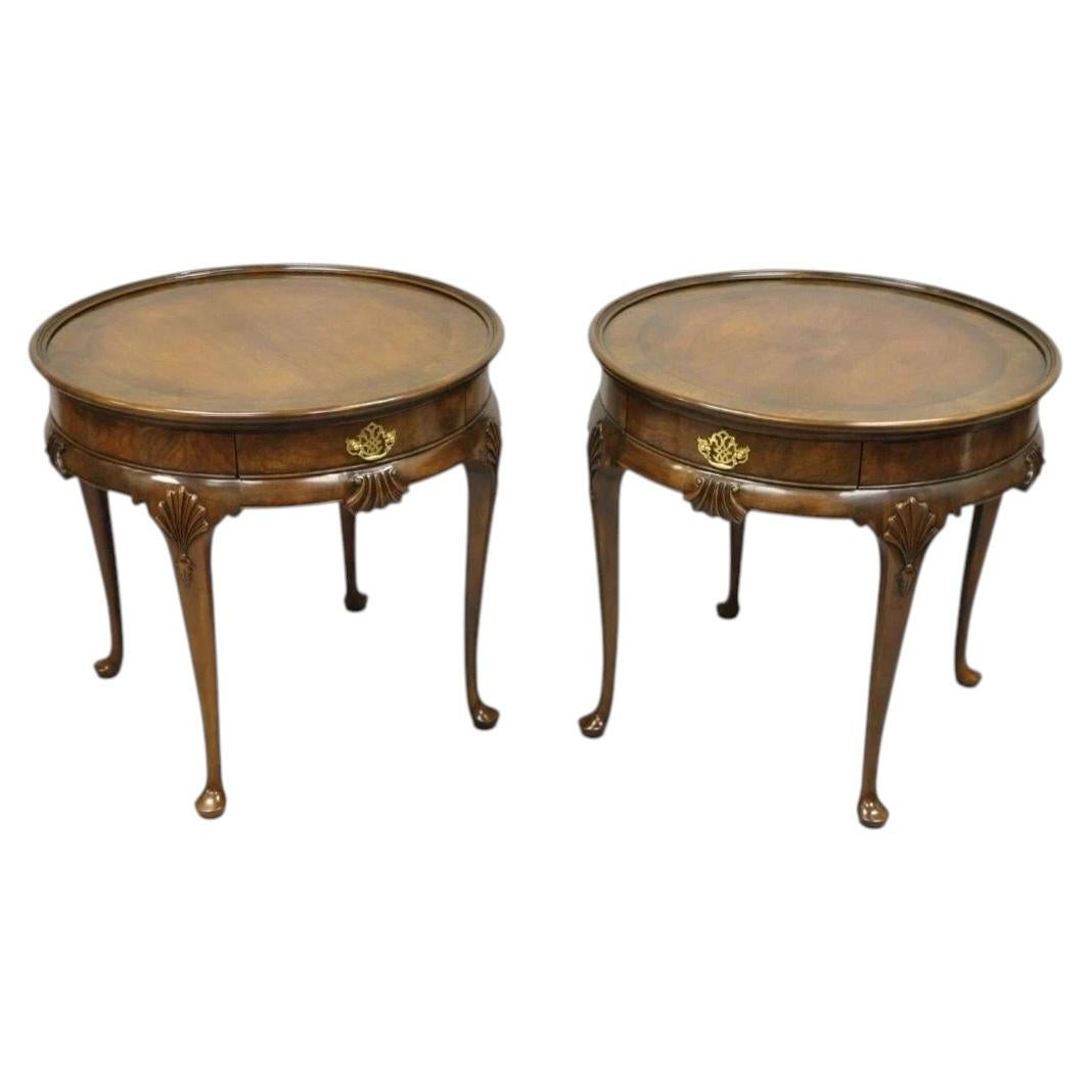 Vintage Baker English Queen Anne Style Burl Walnut Round Lamp End Tables - Pair