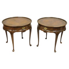 Vintage Baker English Queen Anne Style Burl Walnut Round Lamp End Tables - Pair
