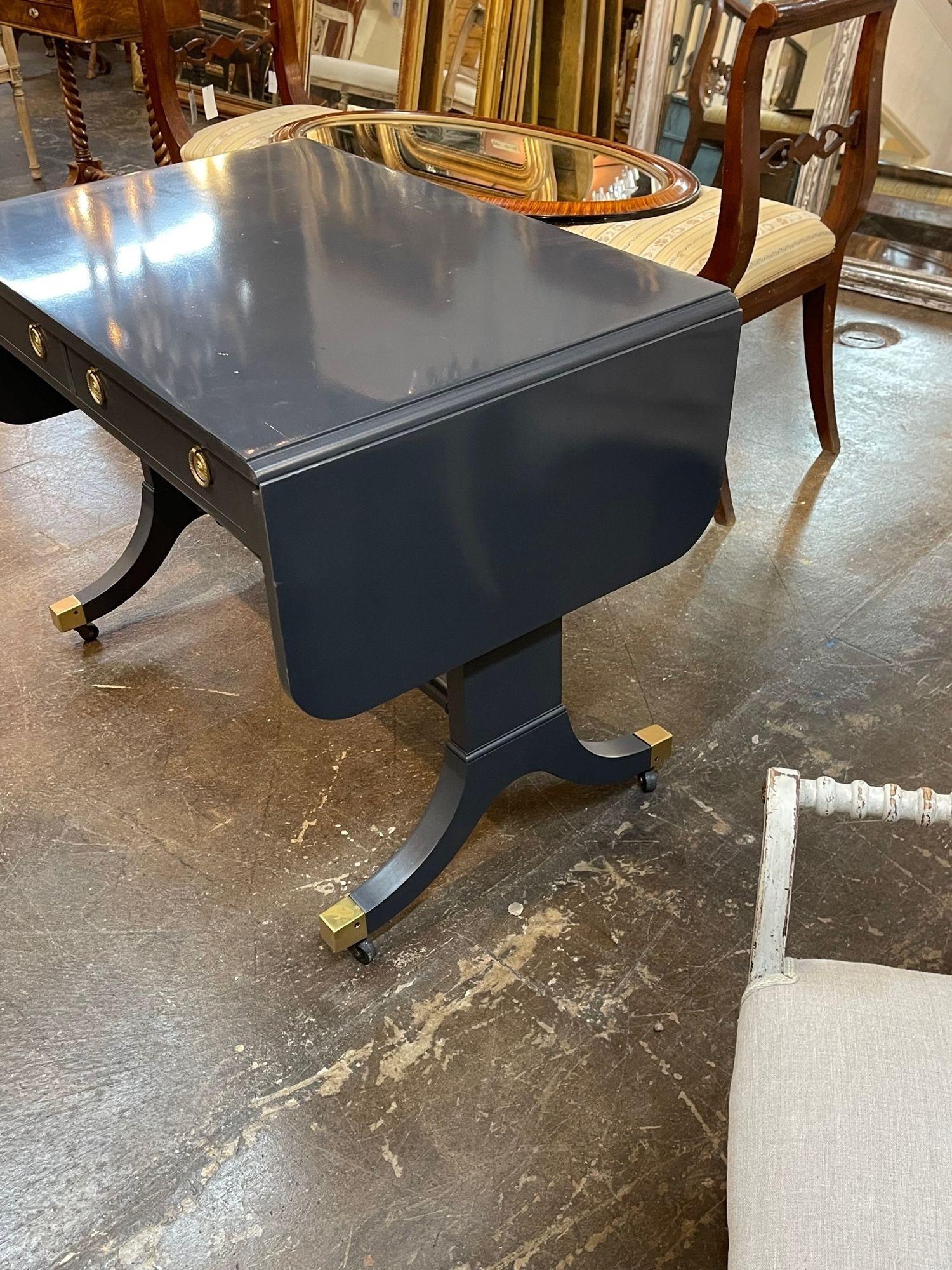 20th Century Vintage Baker English Regency Style Grey Lacquered Drop Leaf Side Table For Sale