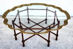 Vintage Baker Faux Bamboo Coffee Table with Scalloped Brass Glass Top