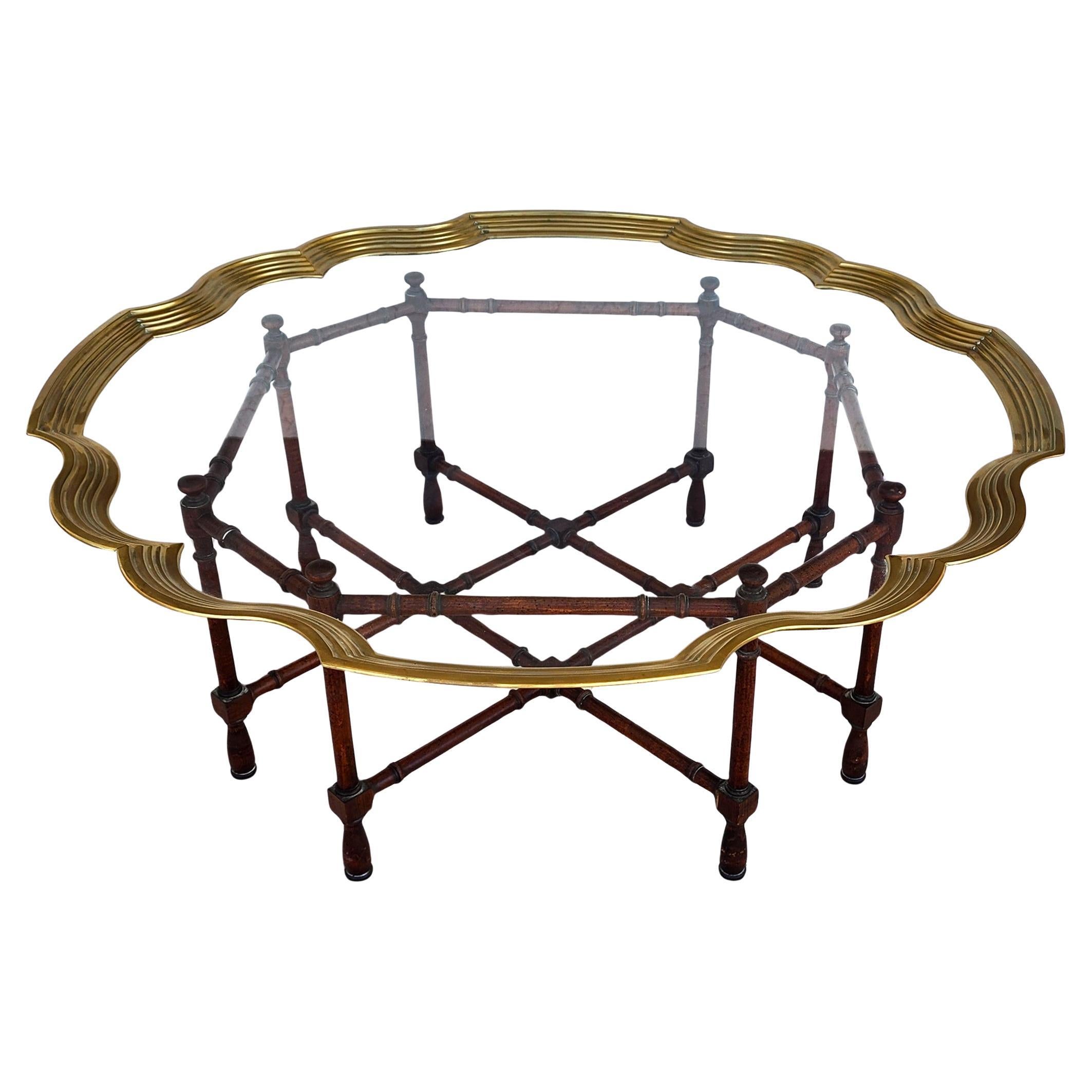 Vintage Baker Faux Bamboo Coffee Table with Scalloped Brass Glass Top