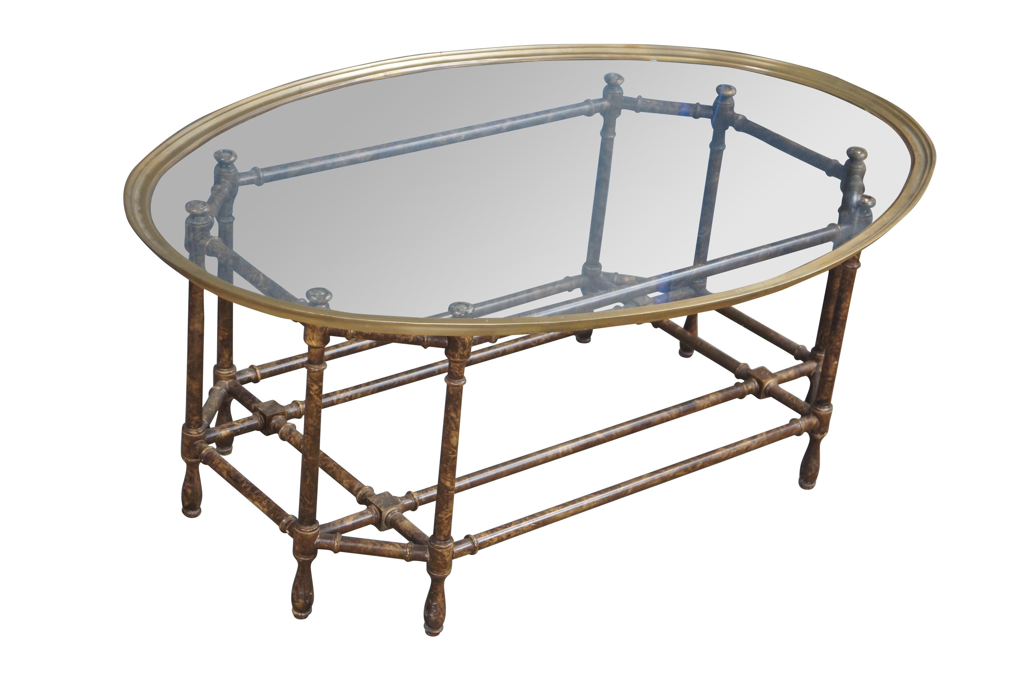 Bohemian Vintage Baker Faux Bamboo Tortoiseshell Brass Oval Coffee Table 45