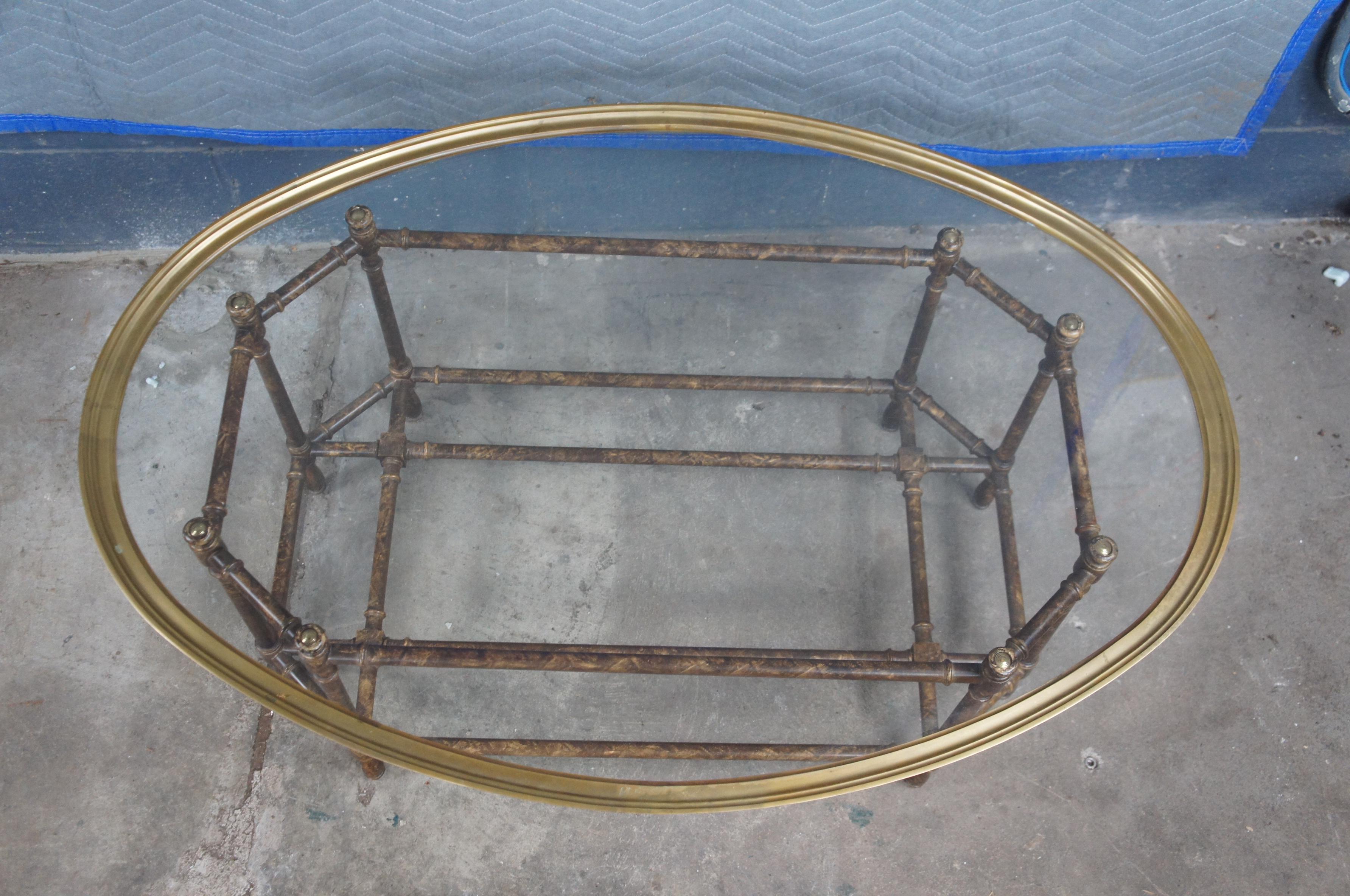 American Vintage Baker Faux Bamboo Tortoiseshell Brass Oval Coffee Table 45