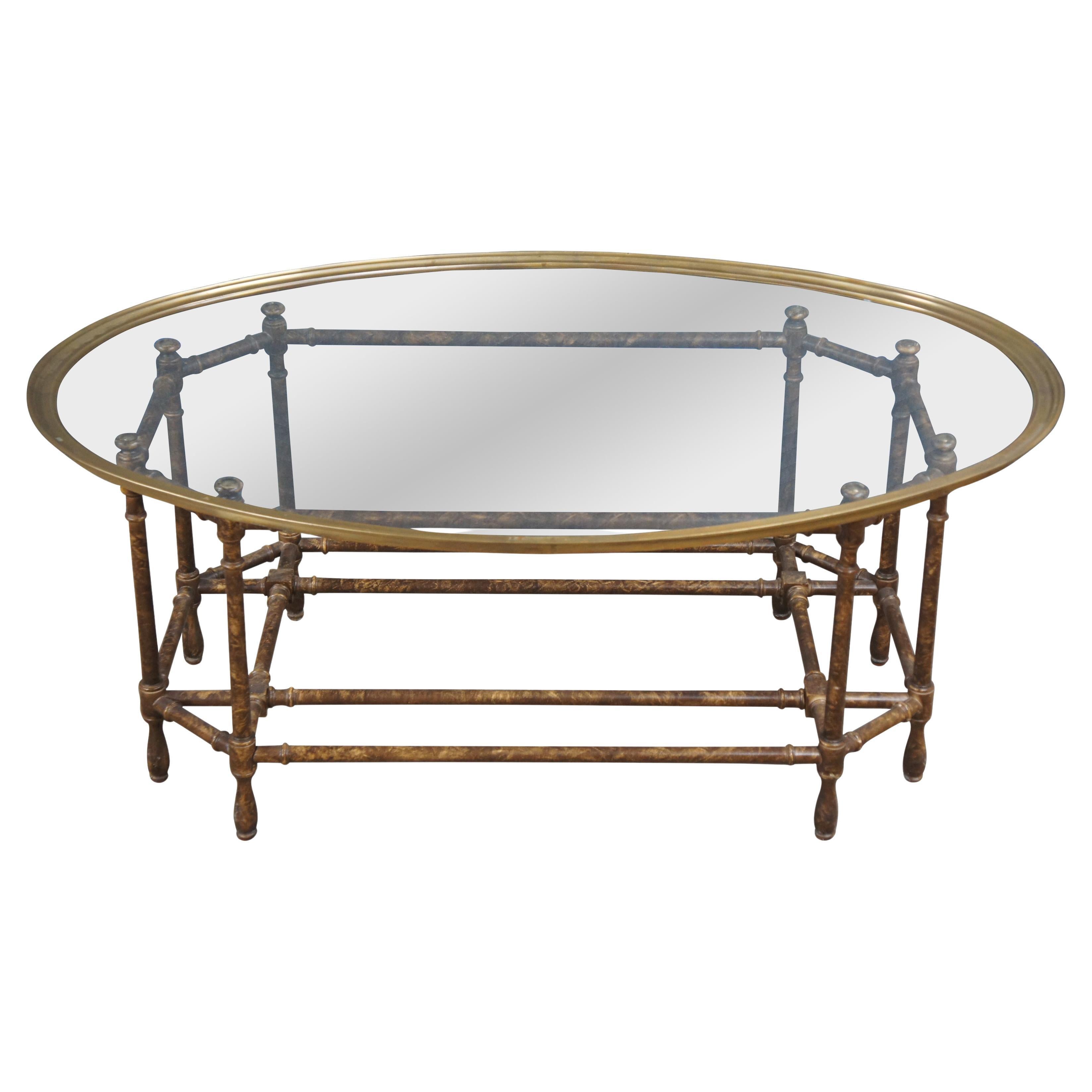 Vintage Baker Faux Bamboo Tortoiseshell Brass Oval Coffee Table 45" For Sale