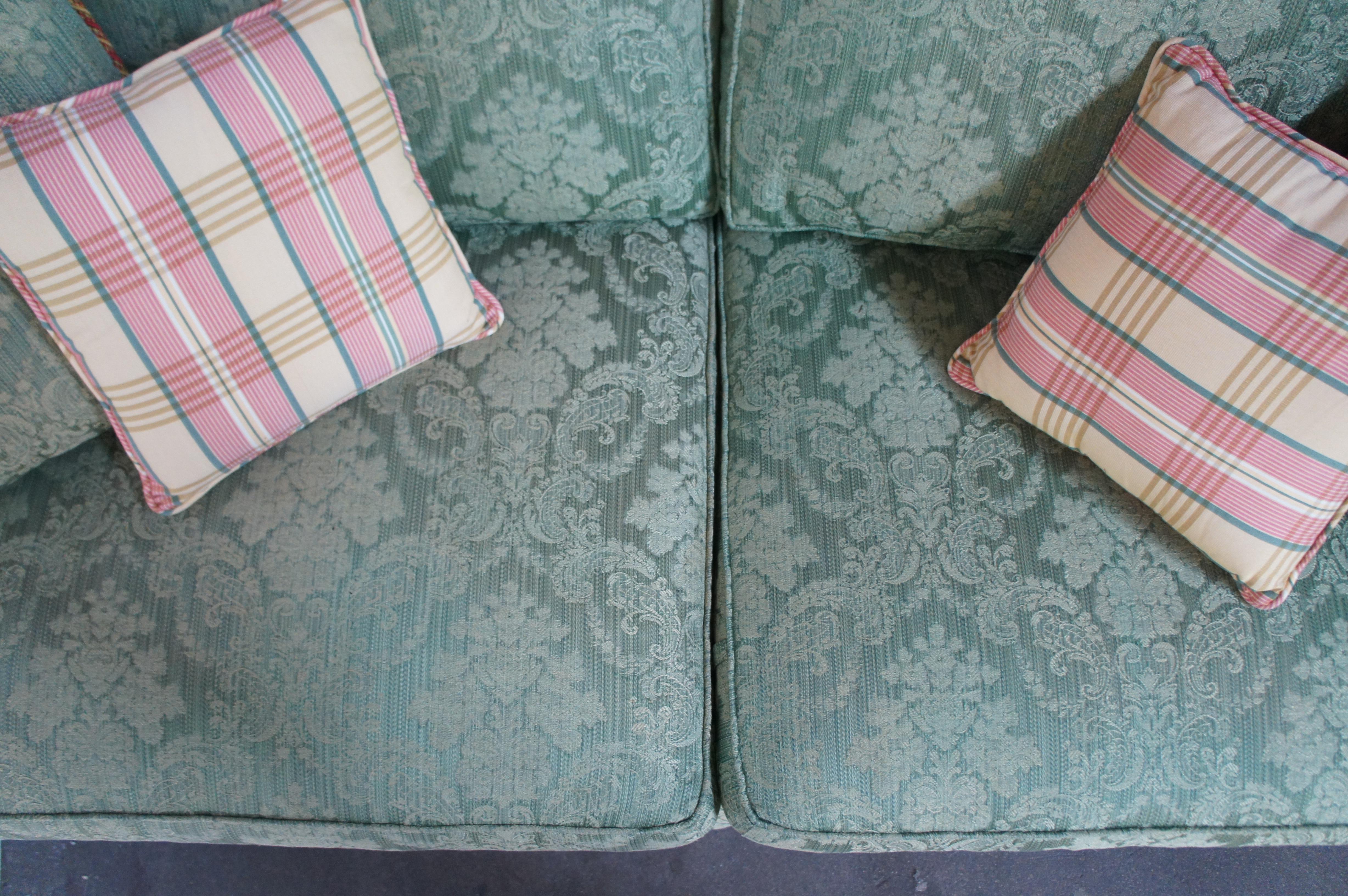 Vintage Baker French Damask Green 2 Seat Rolled Arm Down Filled Sofa Couch 80