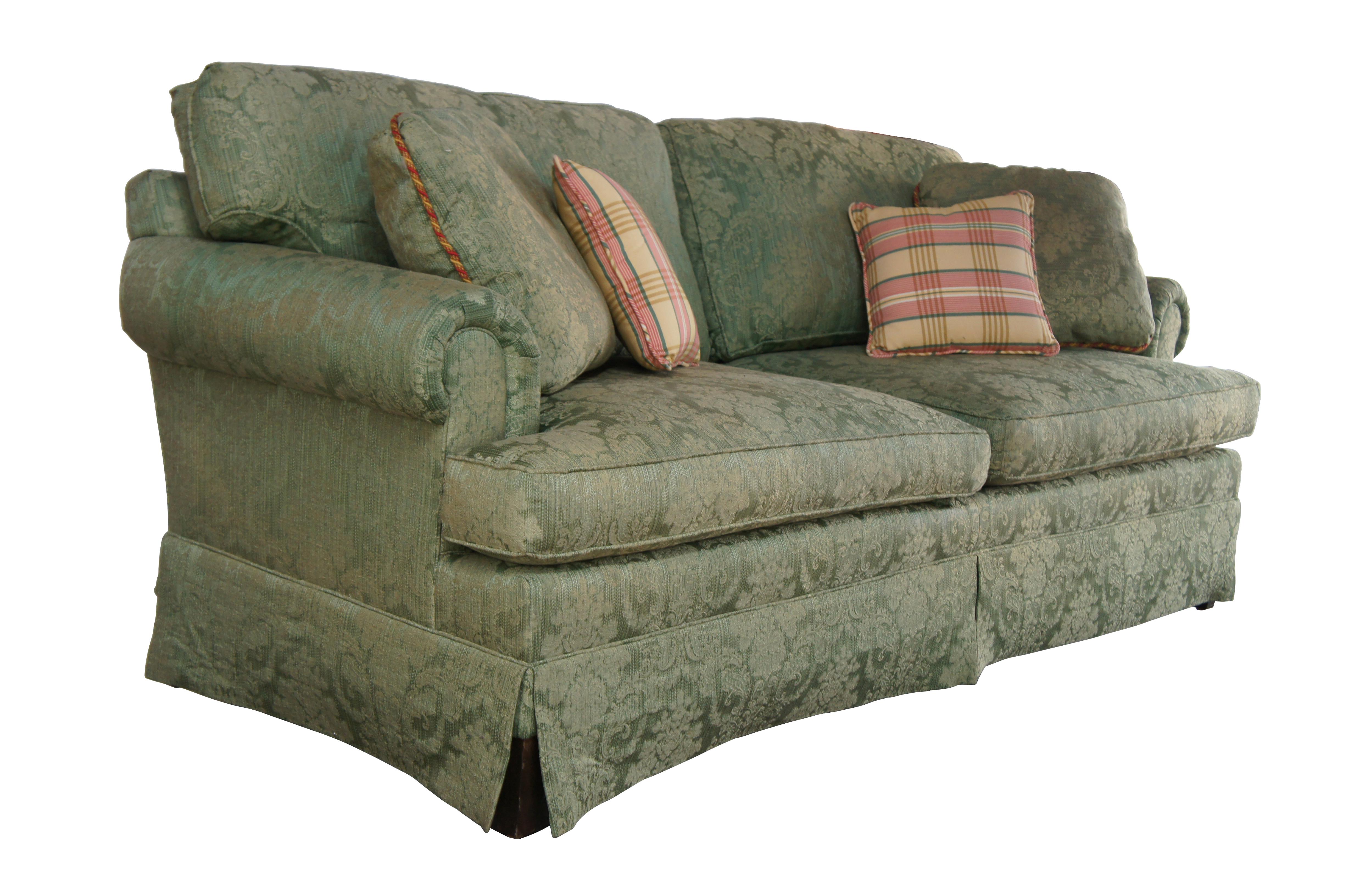 Vintage Baker French Damask Green 2 Seat Rolled Arm Down Filled Sofa Couch 80