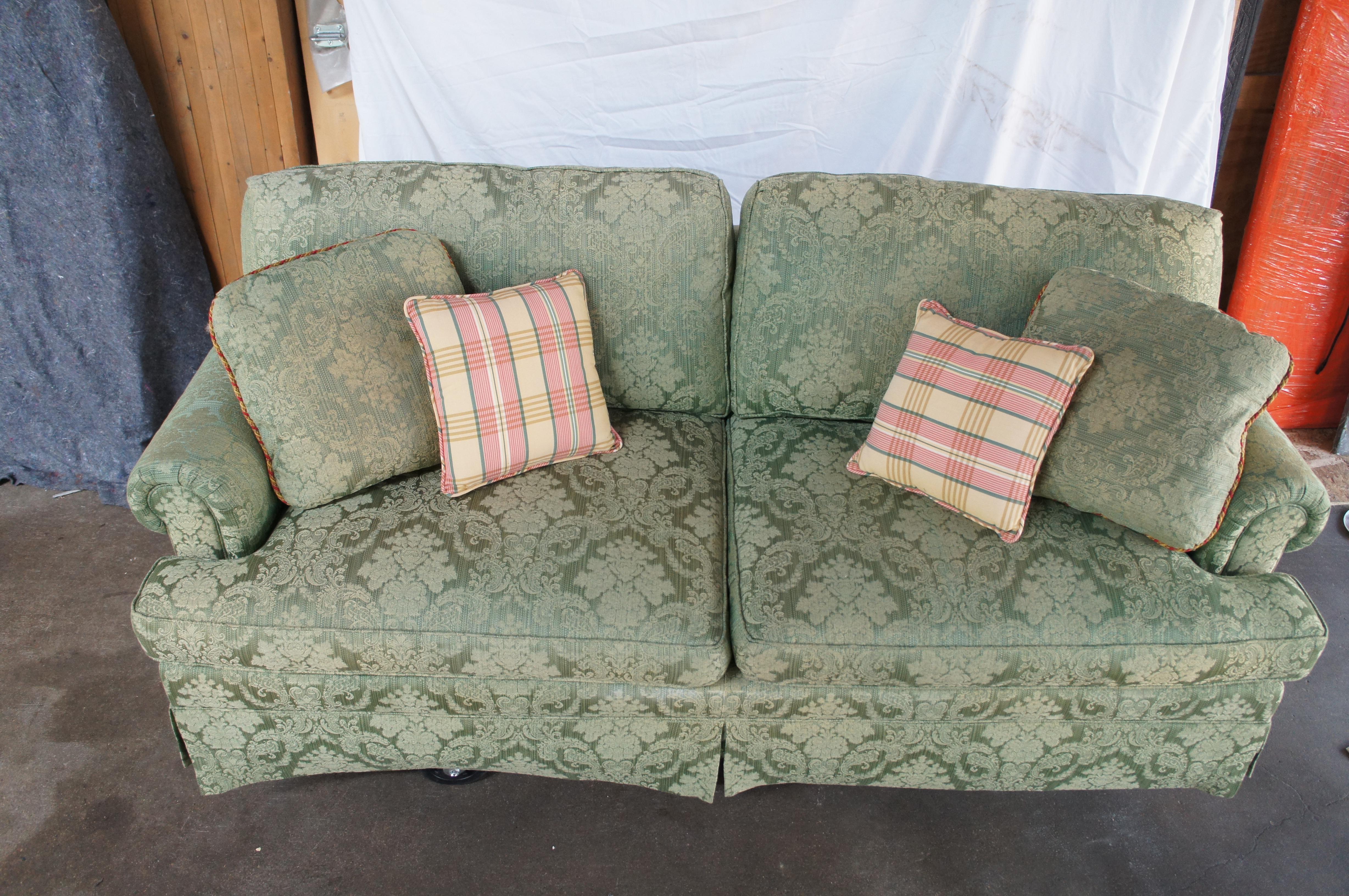 Late 20th Century Vintage Baker French Damask Green 2 Seat Rolled Arm Down Filled Sofa Couch 80