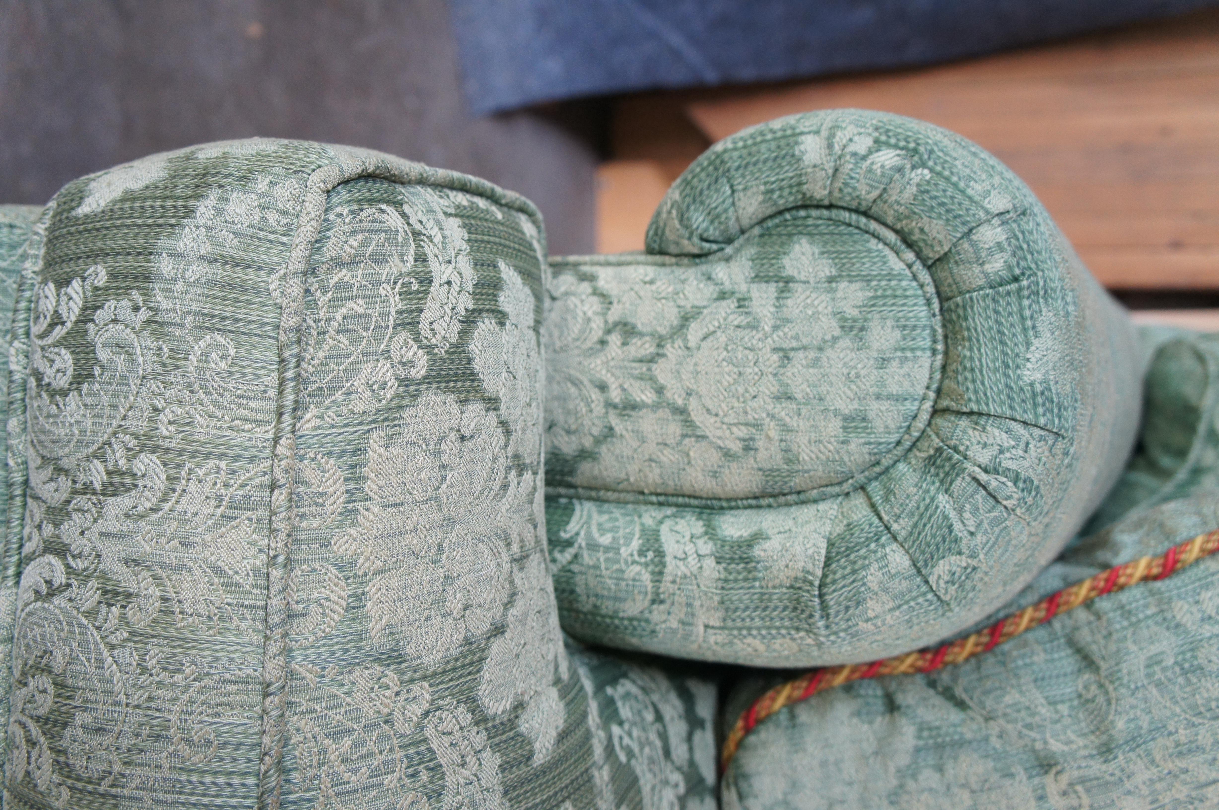 Vintage Baker French Damask Green 2 Seat Rolled Arm Down Filled Sofa Couch 80
