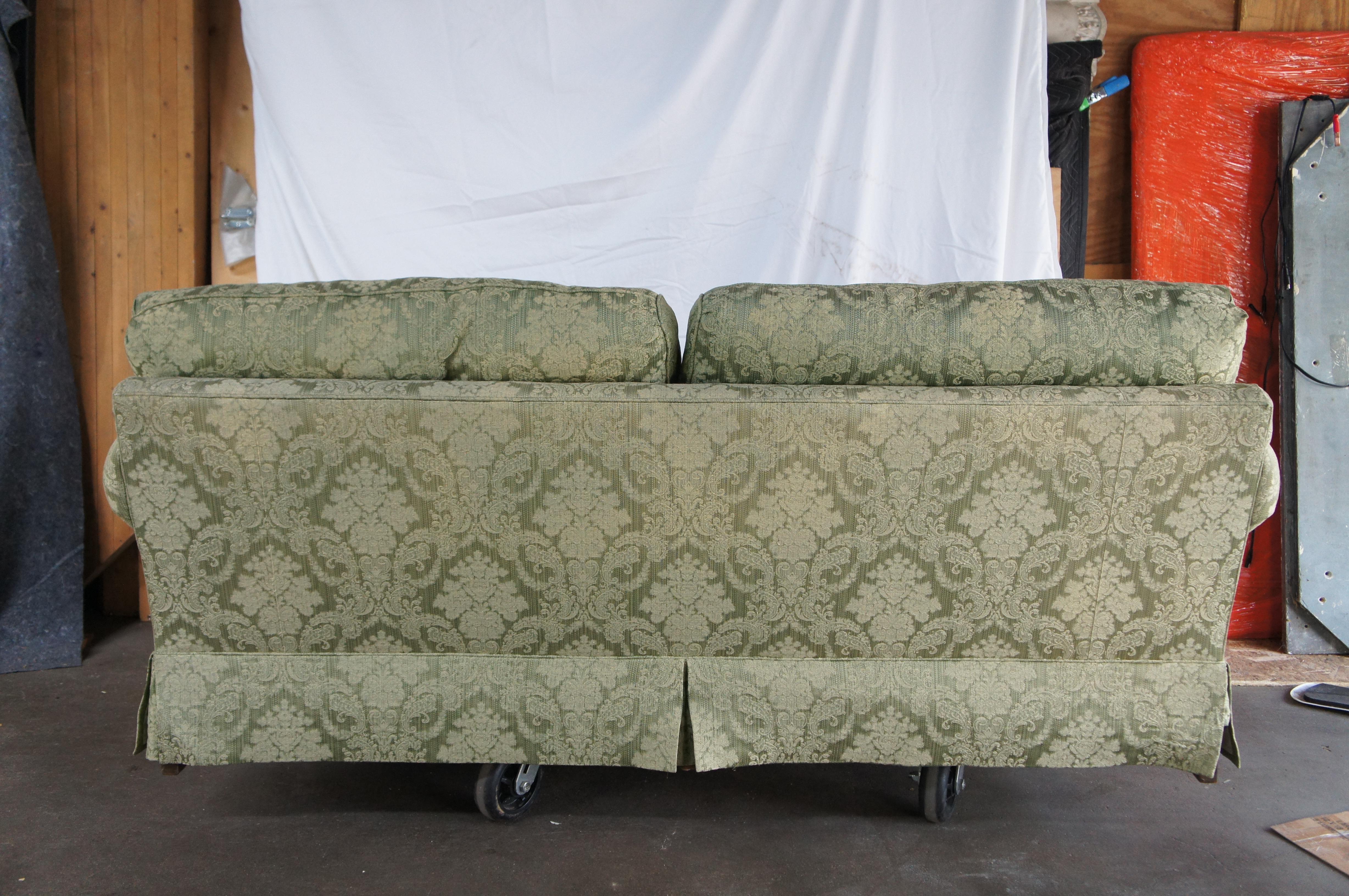 Vintage Baker French Damask Green 2 Seat Rolled Arm Down Filled Sofa Couch 80