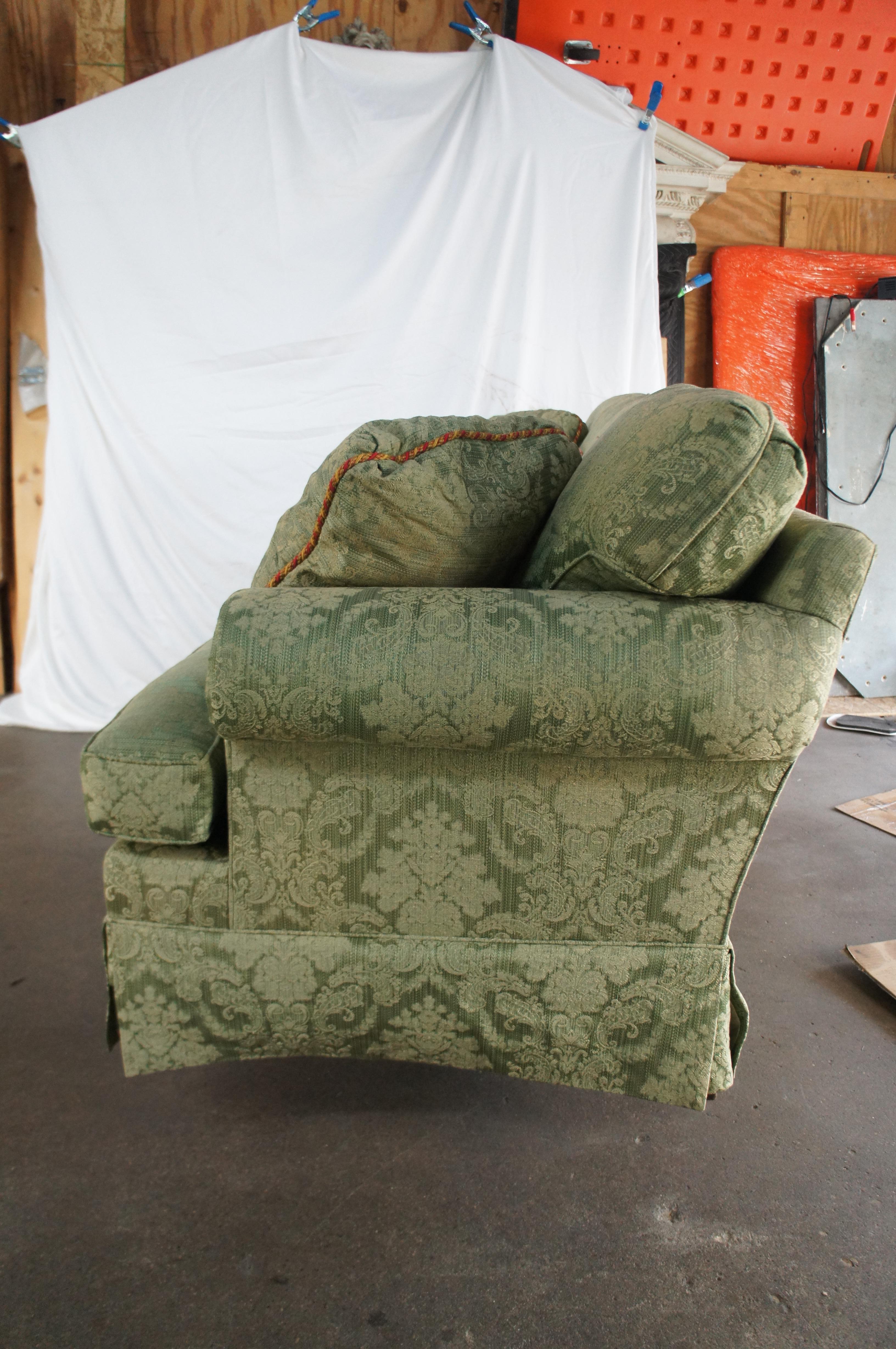 Vintage Baker French Damask Green 2 Seat Rolled Arm Down Filled Sofa Couch 80