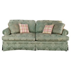 Vintage Baker French Damask Green 2 Seat Rolled Arm Down Filled Sofa Couch 80"