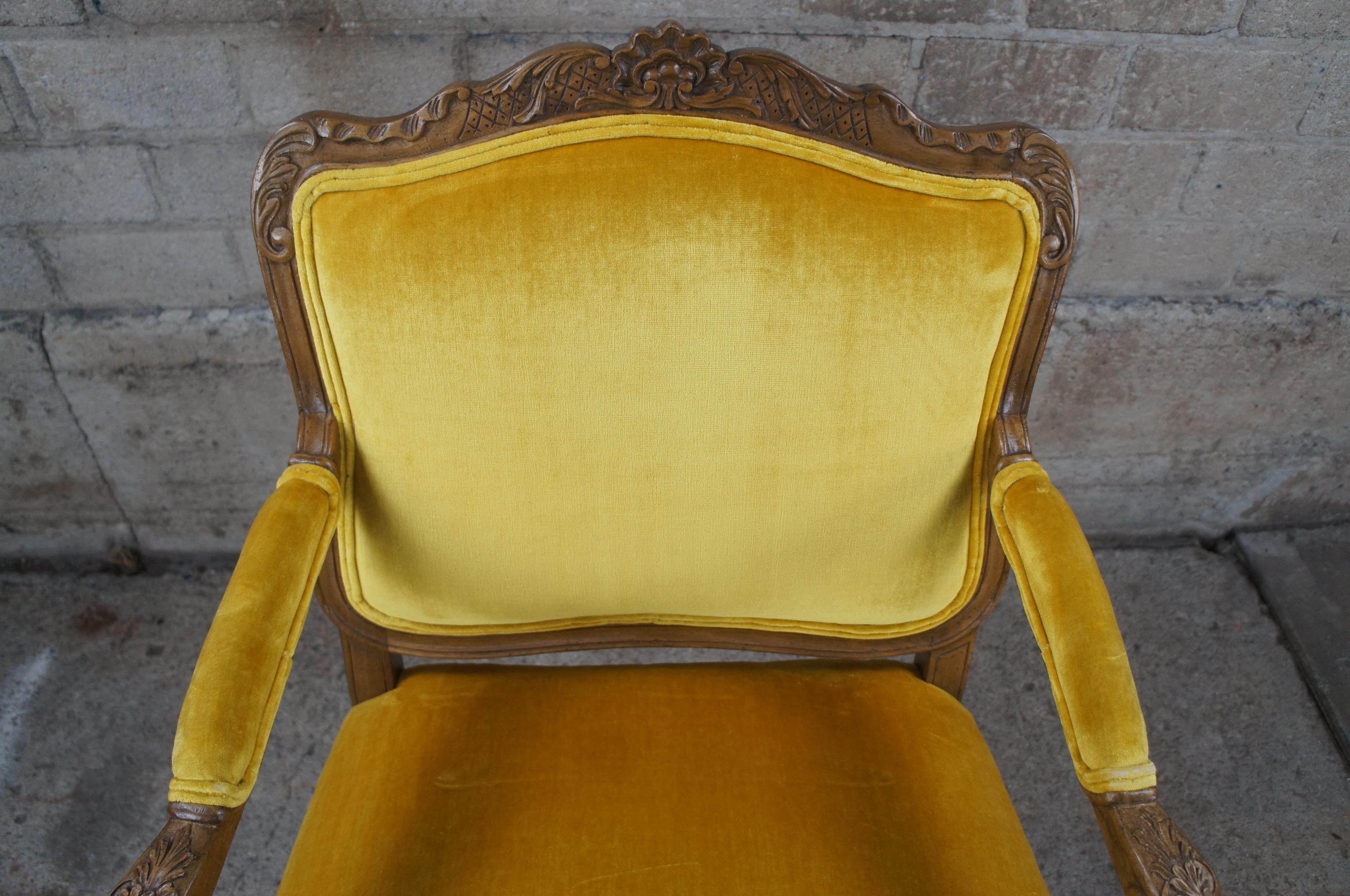 Vintage Baker French Louis XV Style Yellow Velvet Walnut Fauteuil Arm Chair 2