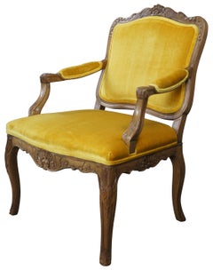Vintage Baker French Louis XV Style Yellow Velvet Walnut Fauteuil Arm Chair