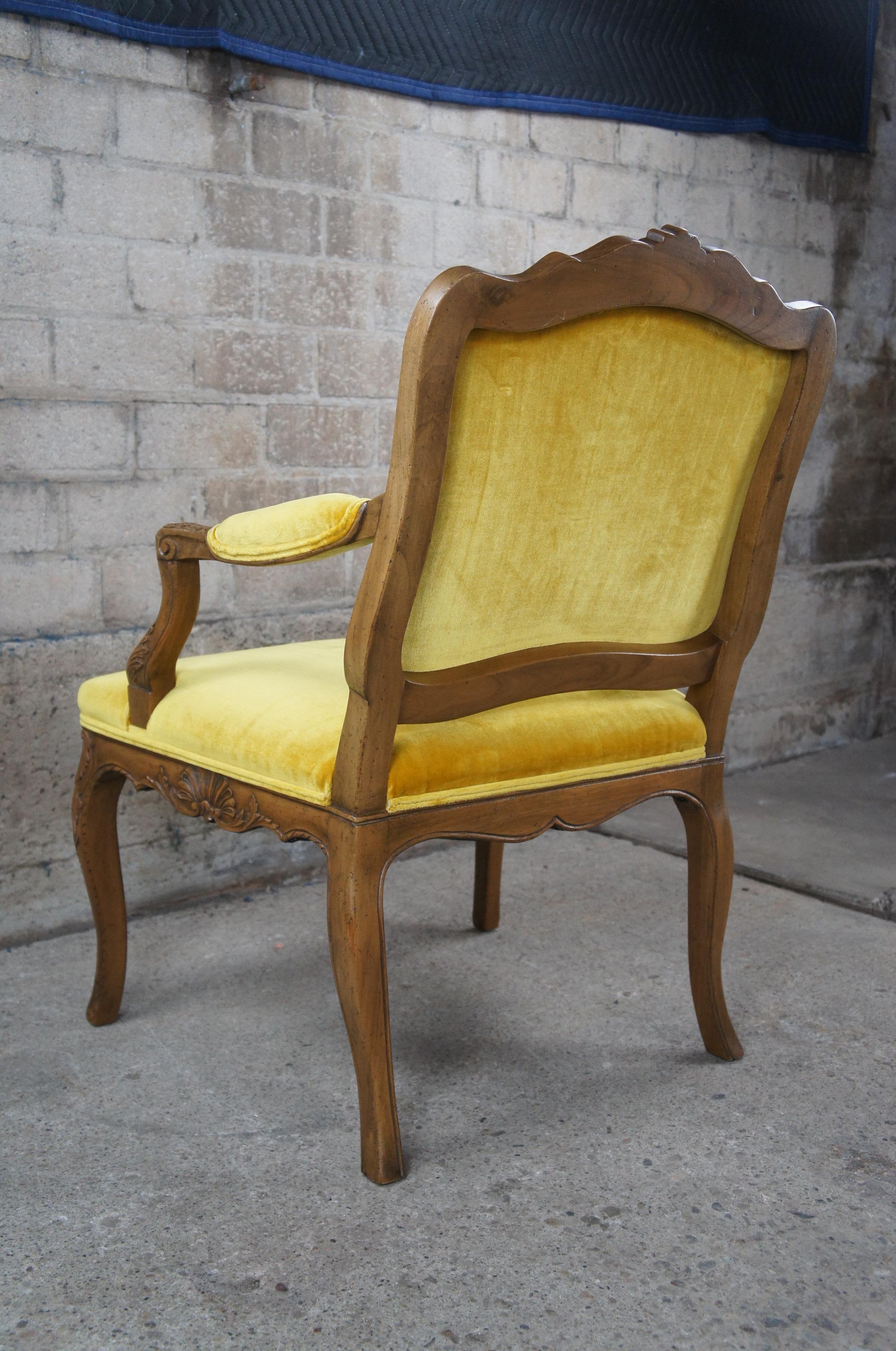 Mid-20th Century Vintage Baker French Louis XV Style Yellow Velvet Walnut Fauteuil Arm Chair