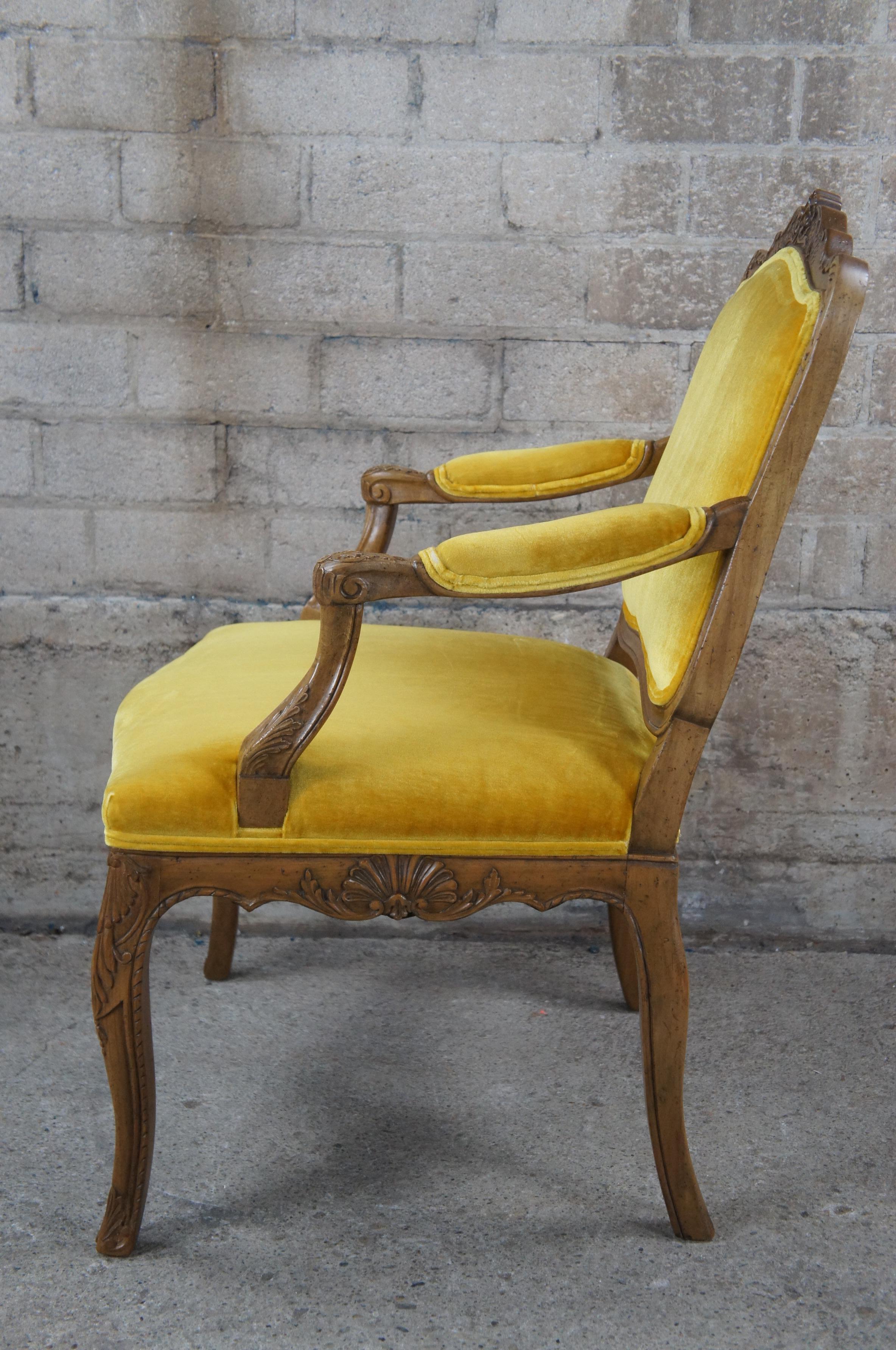 Upholstery Vintage Baker French Louis XV Style Yellow Velvet Walnut Fauteuil Arm Chair