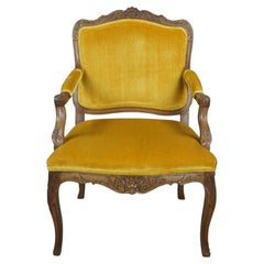 Vintage Baker French Louis XV Style Yellow Velvet Walnut Fauteuil Arm Chair